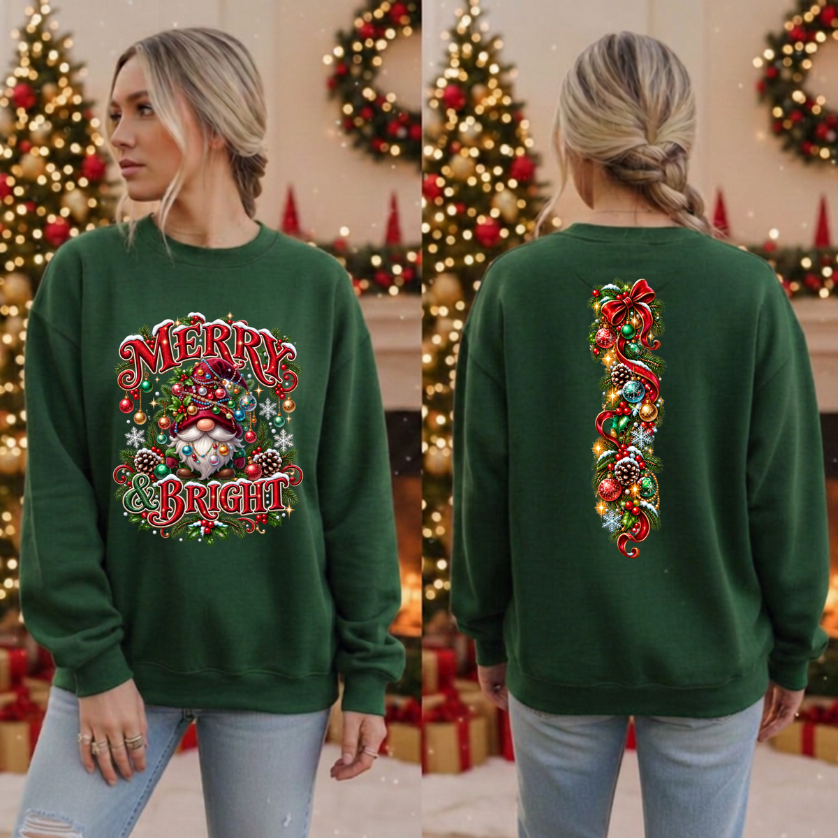 Merry And Bright Gnome Sweatshirt front and back Graphics TheCraftNook