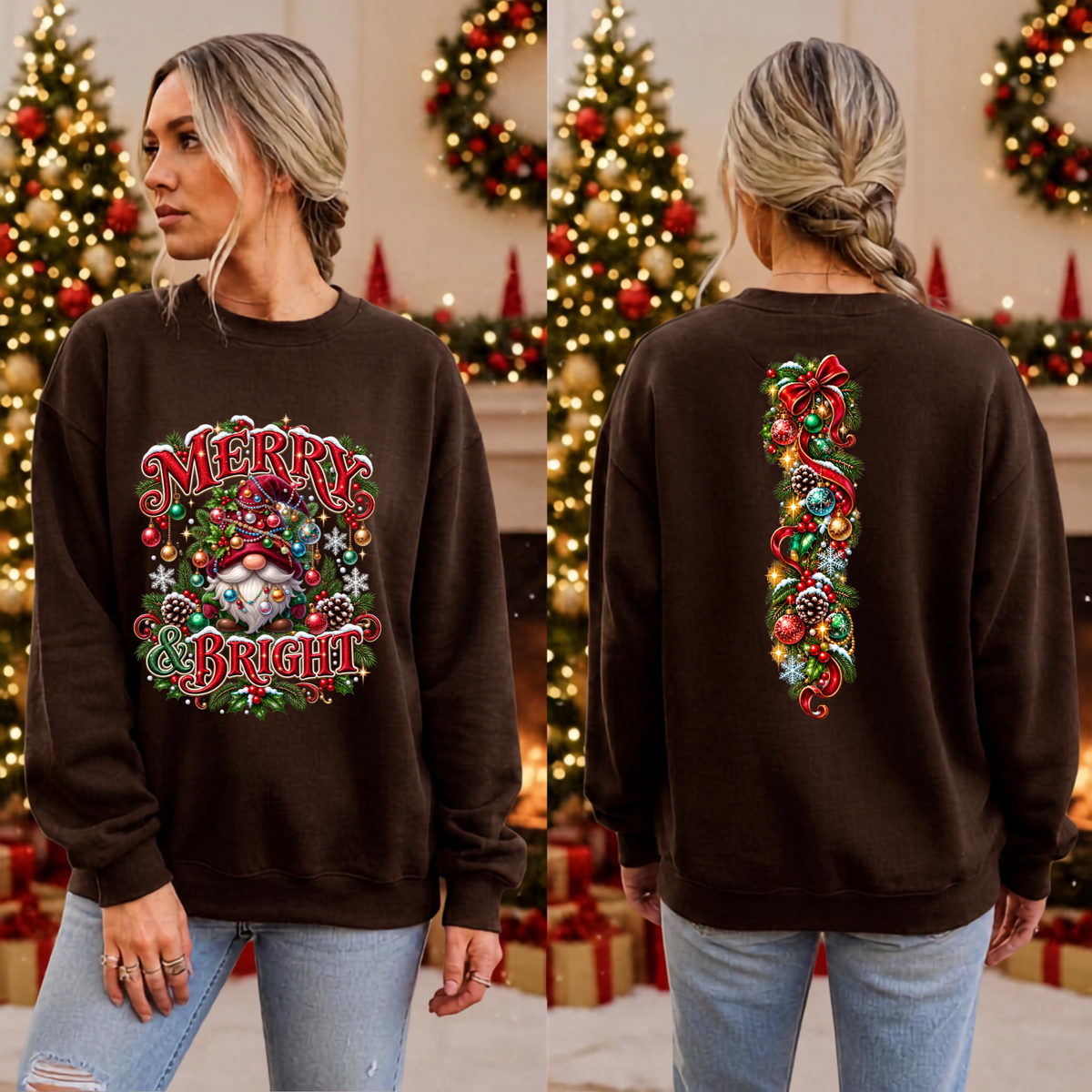 Merry And Bright Gnome Sweatshirt front and back Graphics TheCraftNook