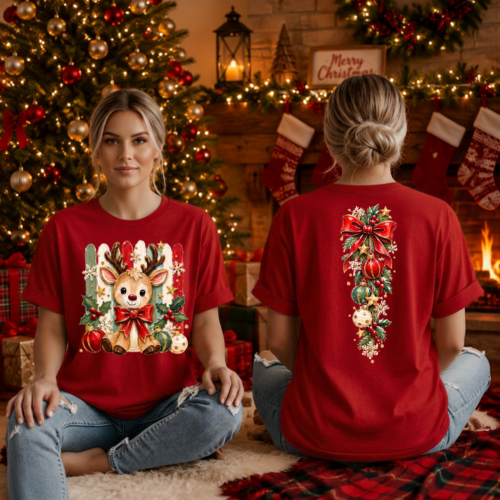 Holly Jolly reindeer T-shirt Front and back graphics TheCraftNook