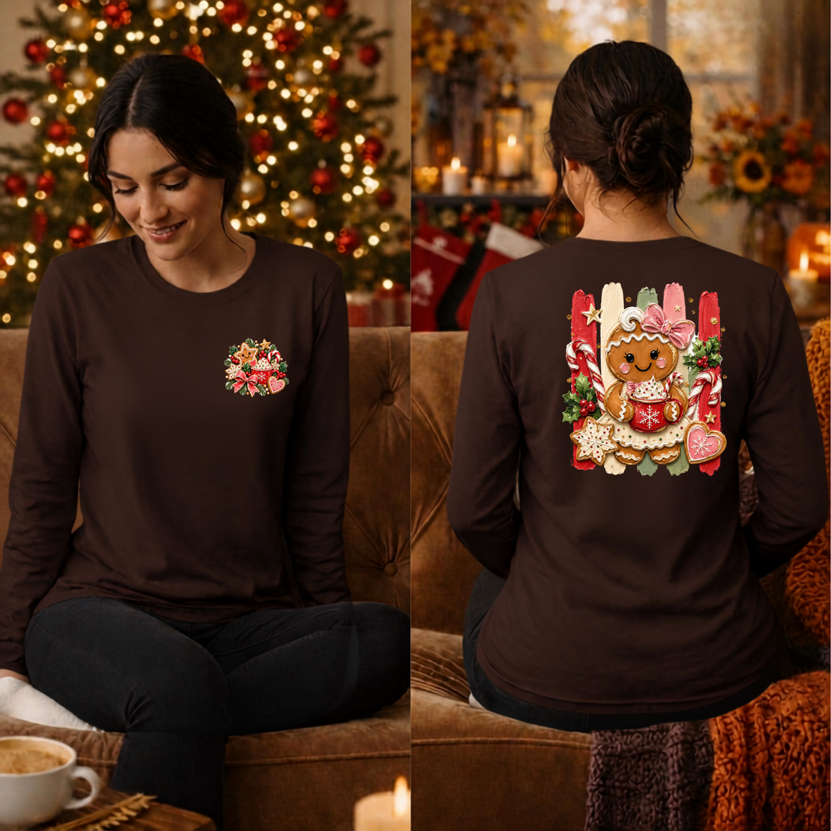 Holly Jolly Ginger Long sleeve tee pocket and back graphics TheCraftNook