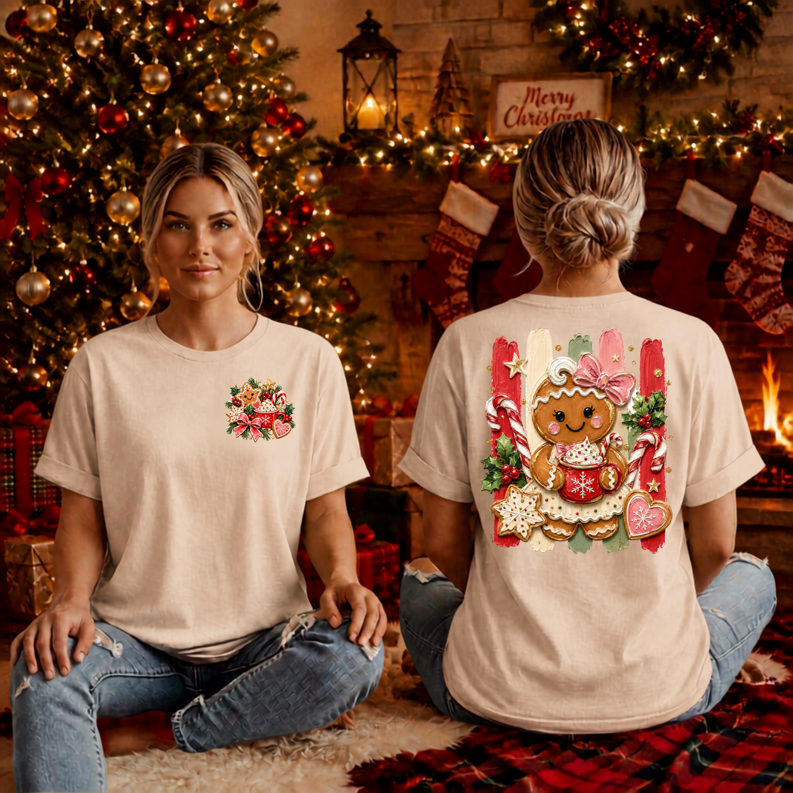 Holly Jolly Ginger T-Shirt Pocket and Back graphic TheCraftNook