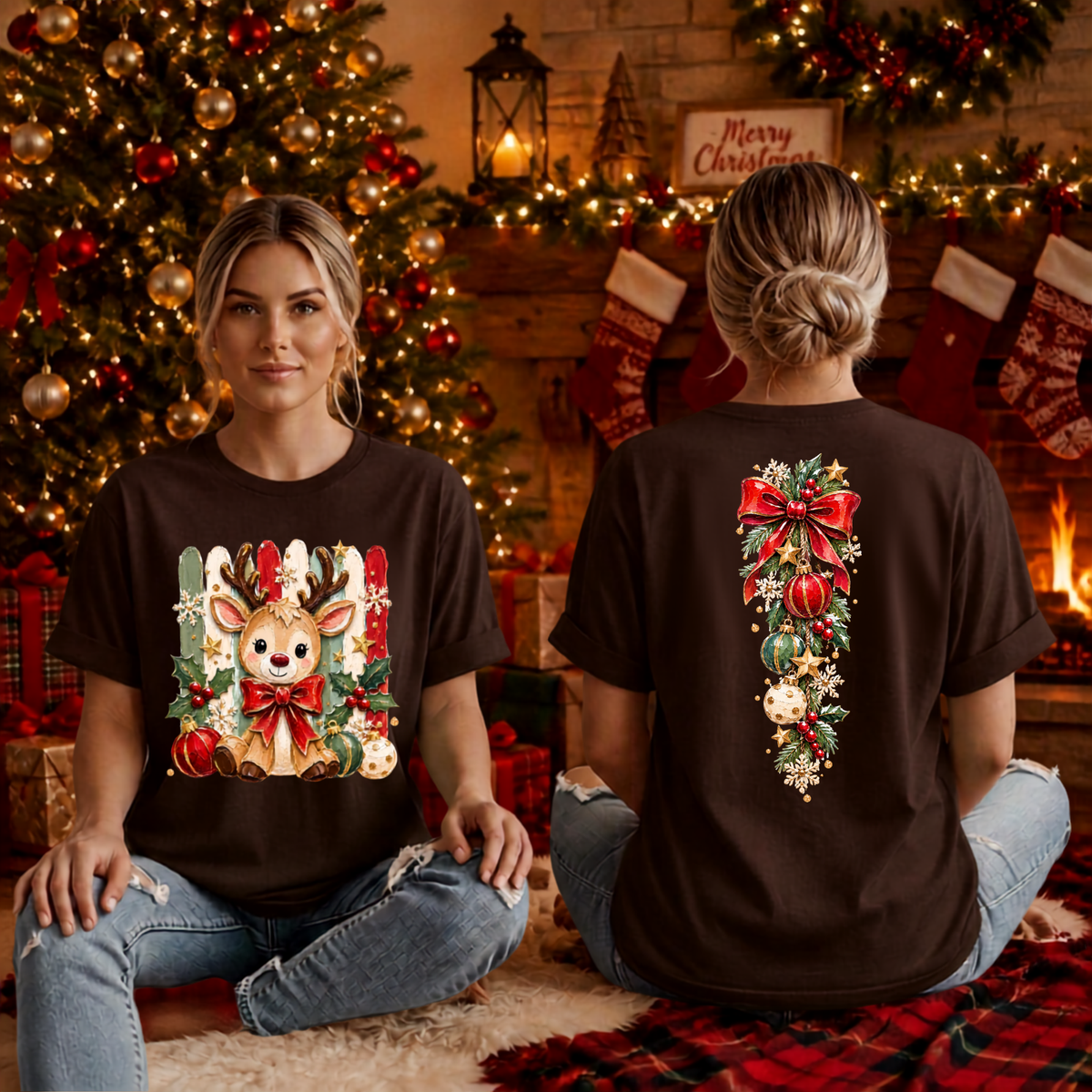 Holly Jolly reindeer T-shirt Front and back graphics TheCraftNook