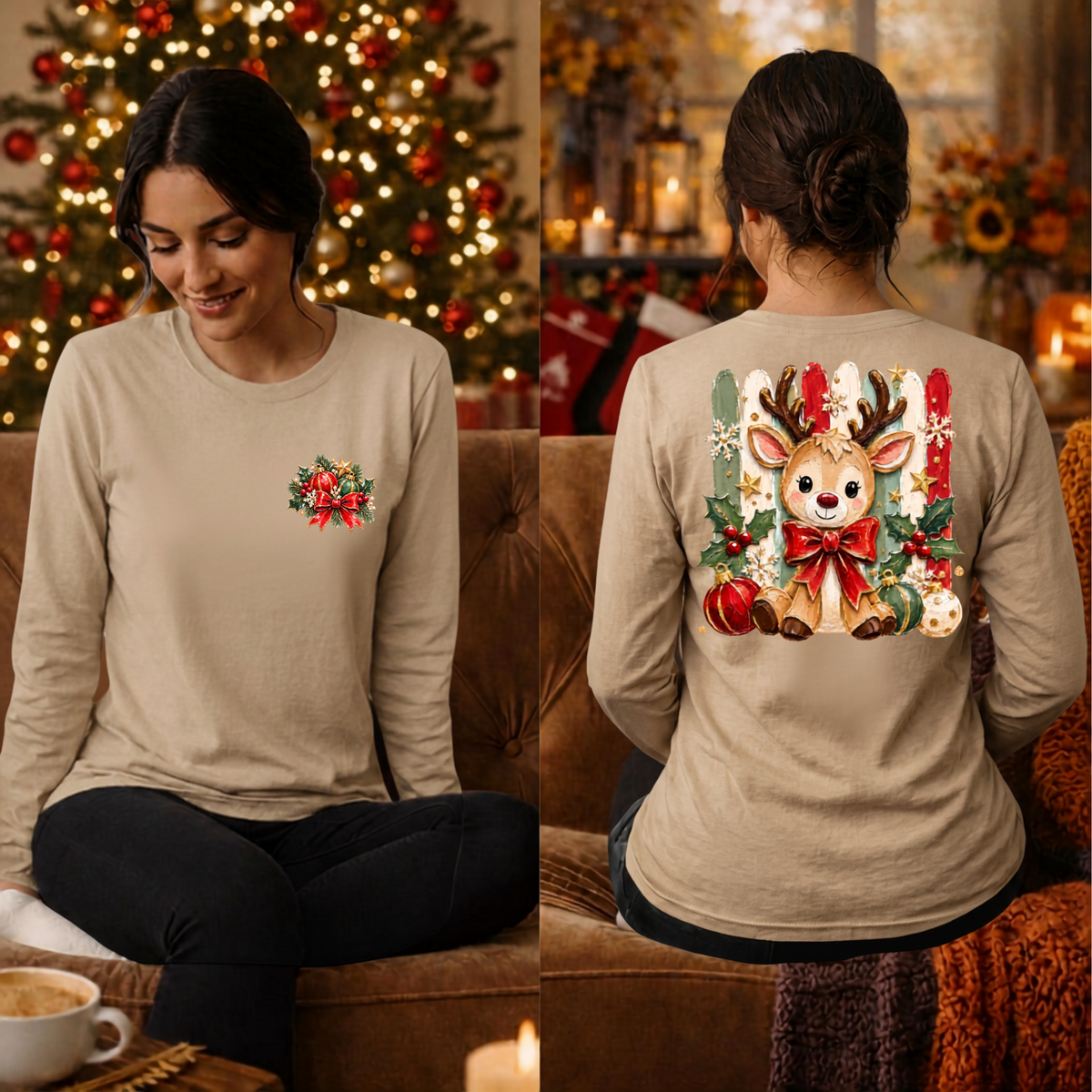 Holly Jolly Reindeer Long Sleeve Tee – Front & Back Graphics TheCraftNook