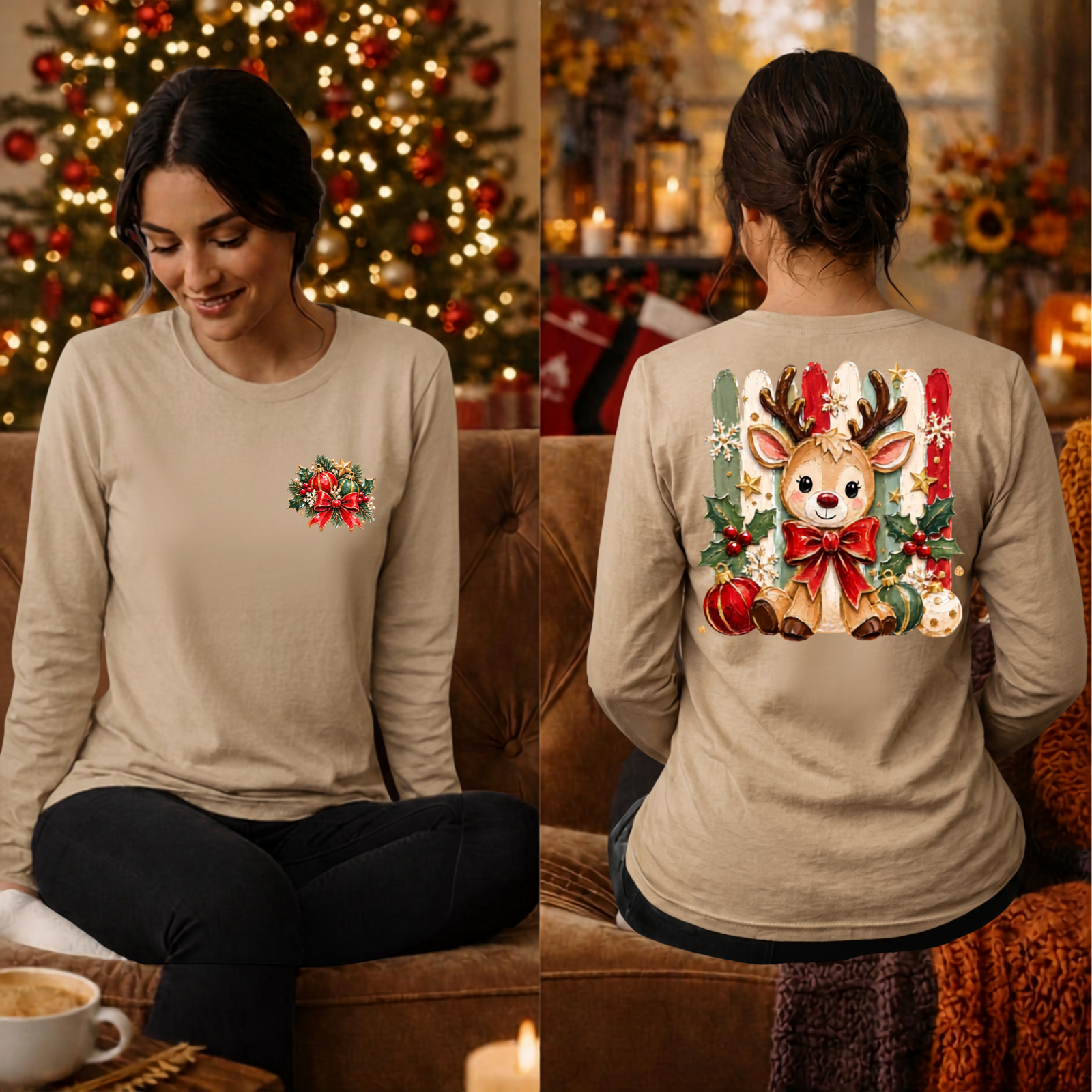 Holly Jolly Reindeer Long Sleeve Tee – Front & Back Graphics TheCraftNook