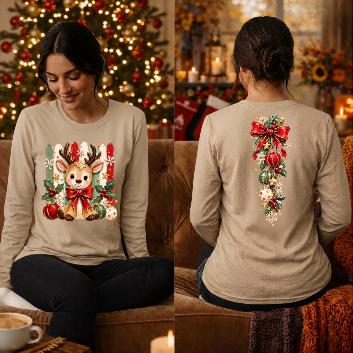 Holly Jolly Reindeer Long Sleeve Tee Front and back graphics TheCraftNook