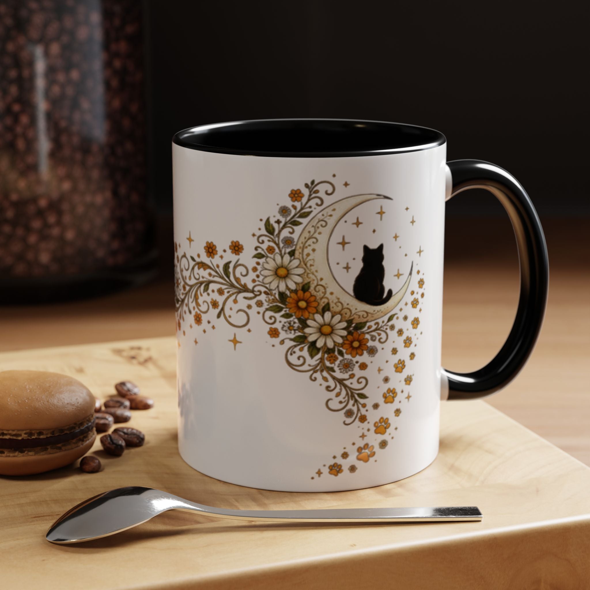 Purranormal Activity Accent Coffee Mug — Black Cat Crescent Moon Floral 11/15oz