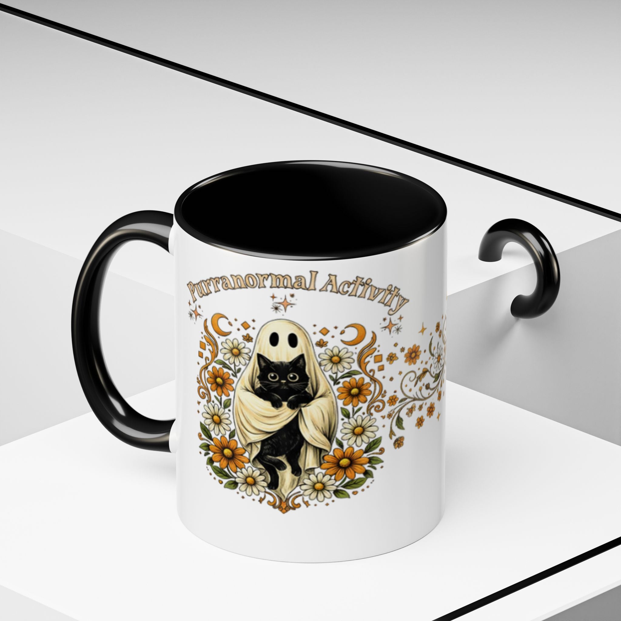 Purranormal Activity Accent Coffee Mug — Black Cat Crescent Moon Floral 11/15oz