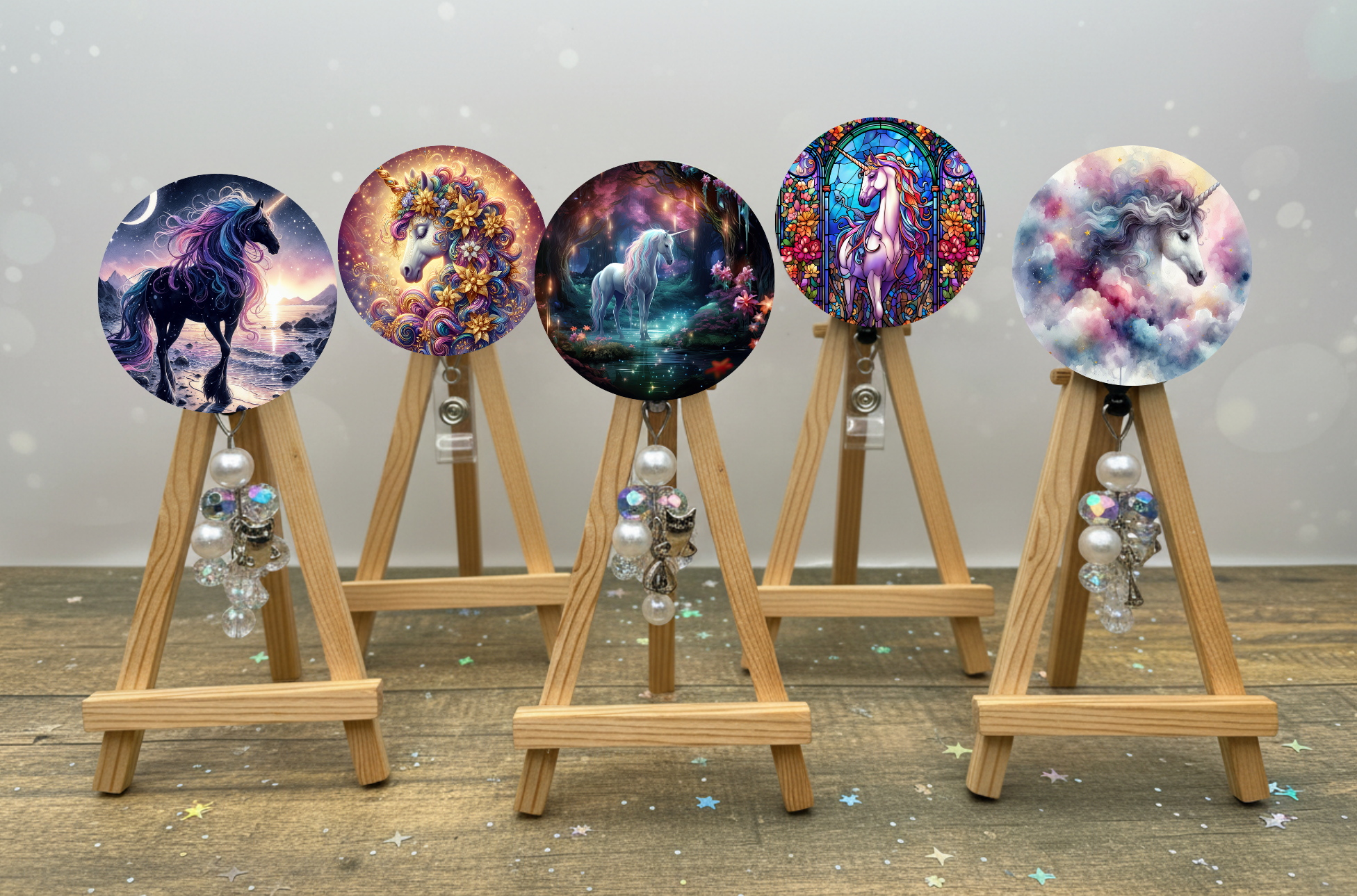 Set of unicorn badge pulls with glitter displayed on easels, showcasing colorful designs and accessories.