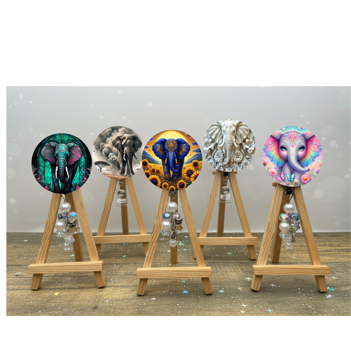 Elephant badge pulls. Multiple Images available. Add beads or shimmer glitter options. TheCraftNook