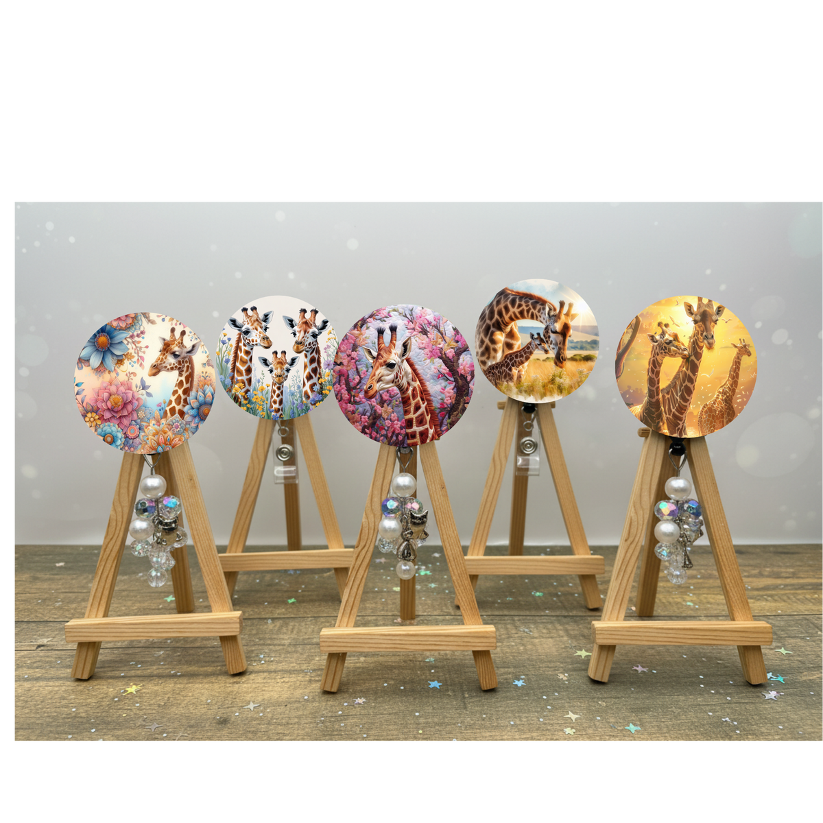 Giraffe badge pulls. Multiple Images available. Add beads or shimmer glitter options. TheCraftNook