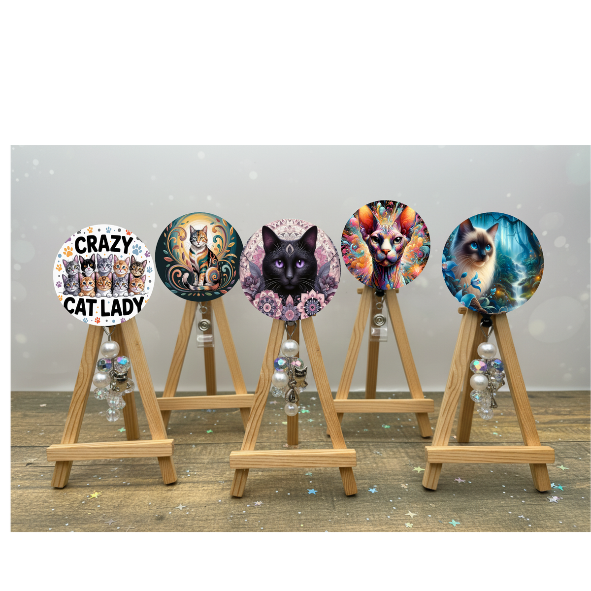 Cat badge pulls. Make every shift a purr‑fect one. Multiple Images available. Add beads or shimmer glitter options. TheCraftNook