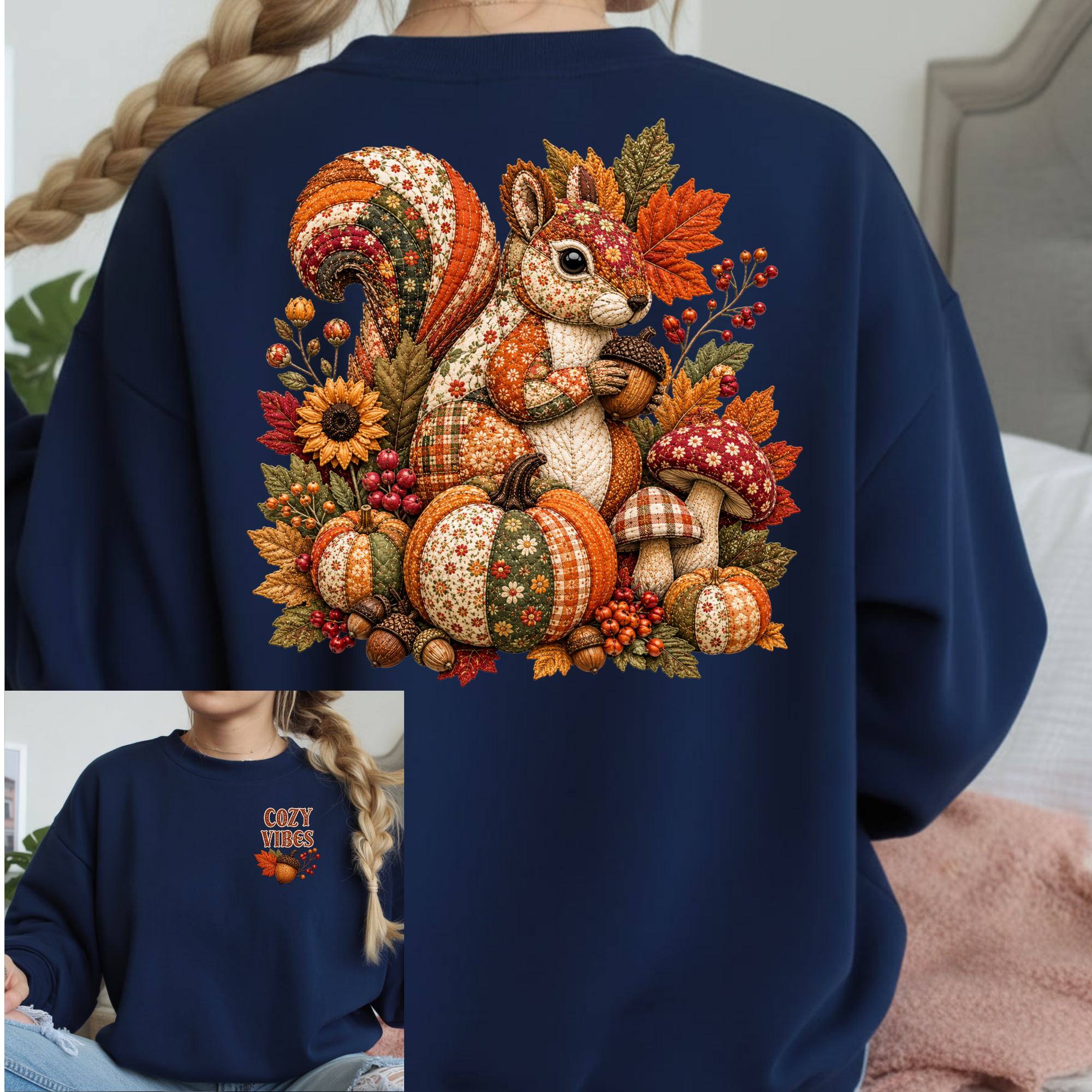 Cozy Vibes Patchwork Squirrel Sweatshirt | Pocket & Back Design