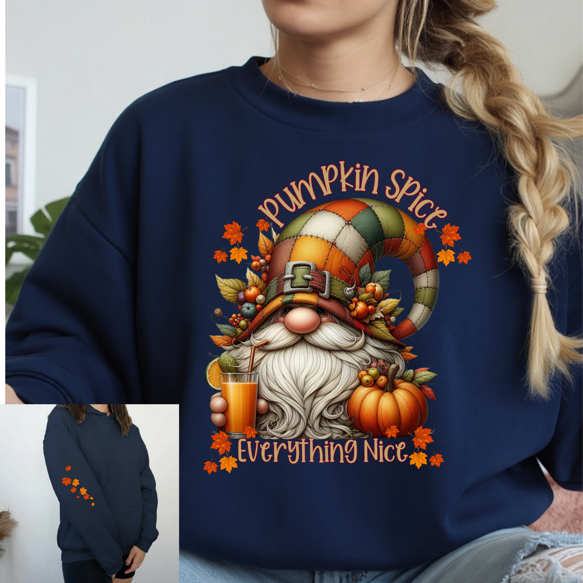 Pumpkin Spice Gnome Long Sleeve Tee with Sleeve Print TheCraftNook