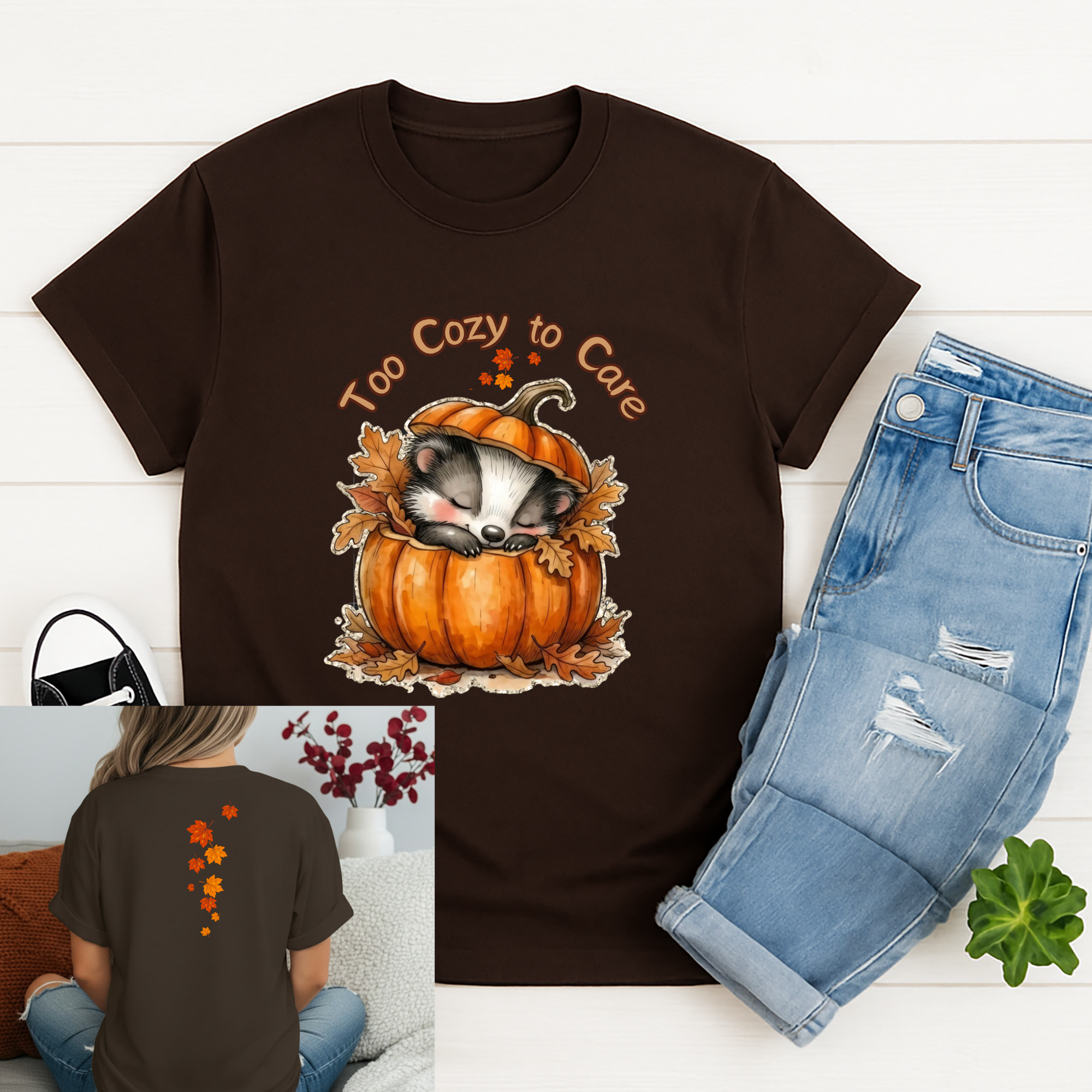 Too Cozy Too Care Graphic Tee featuring fall graphics on front and back, perfect fall graphic tee for cozy season.