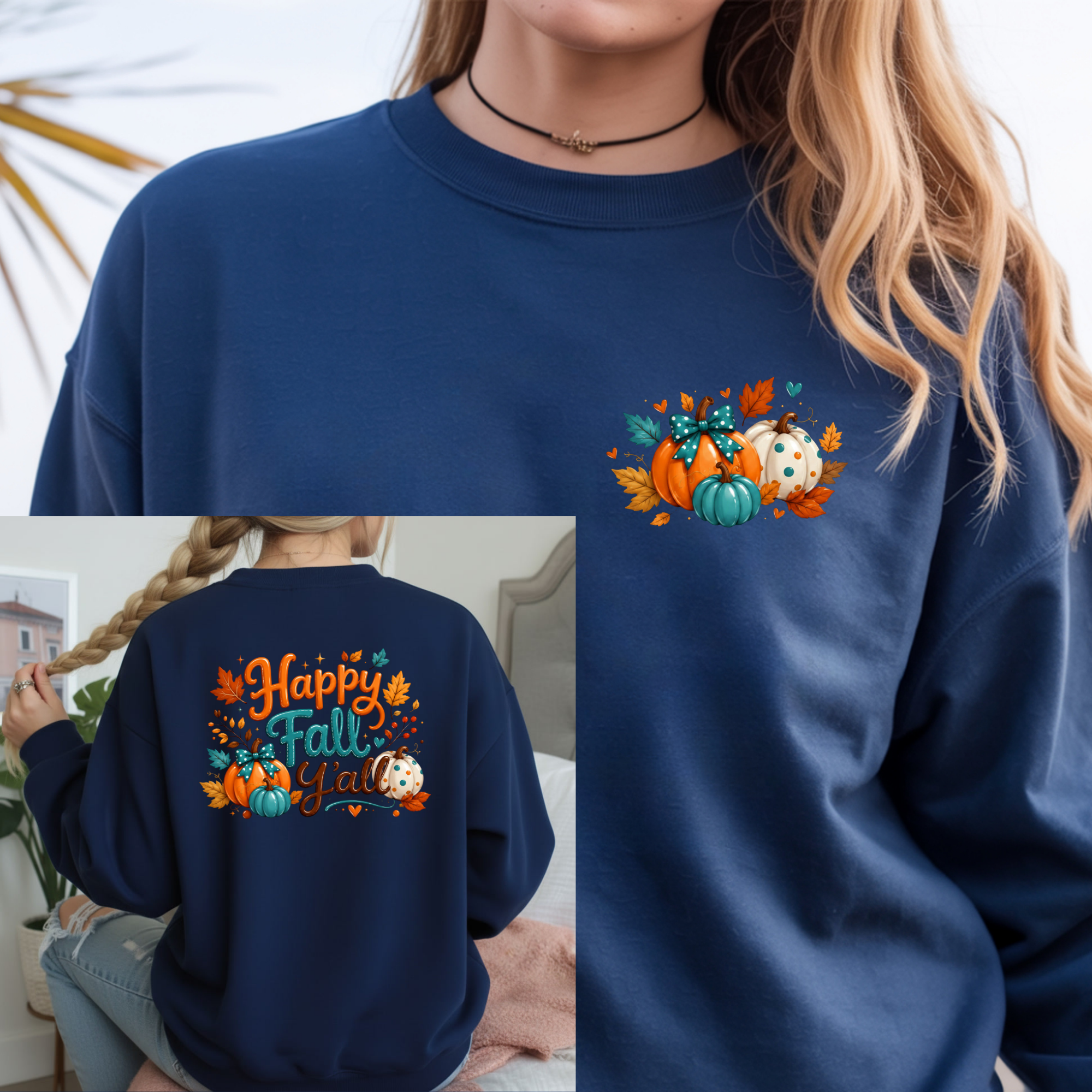 Happy Fall Long Sleeve Tee with pocket design featuring pumpkins and fall leaves on navy blue sweatshirt.