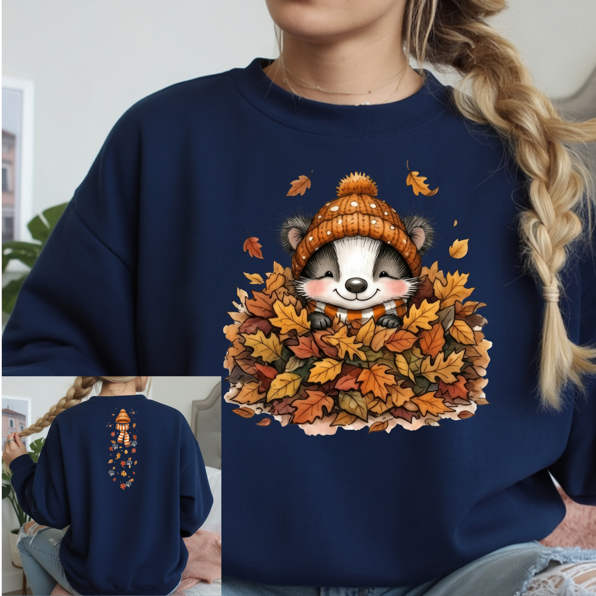 Leaf Pile Badger Long Sleeve Tee featuring cute badger in a pile of leaves, showcased on front and back.