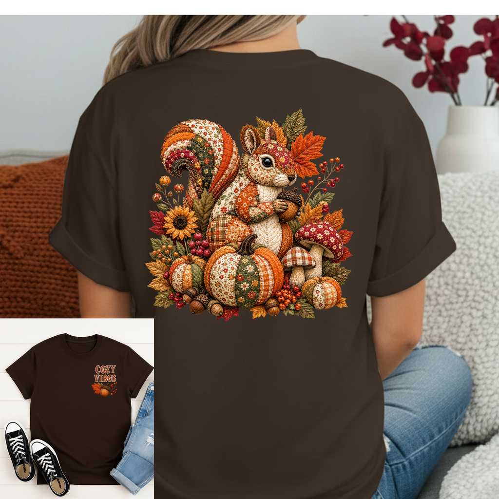 Cozy Vibes Squirrel Tee | Front & Back Fall Graphic T-Shirt