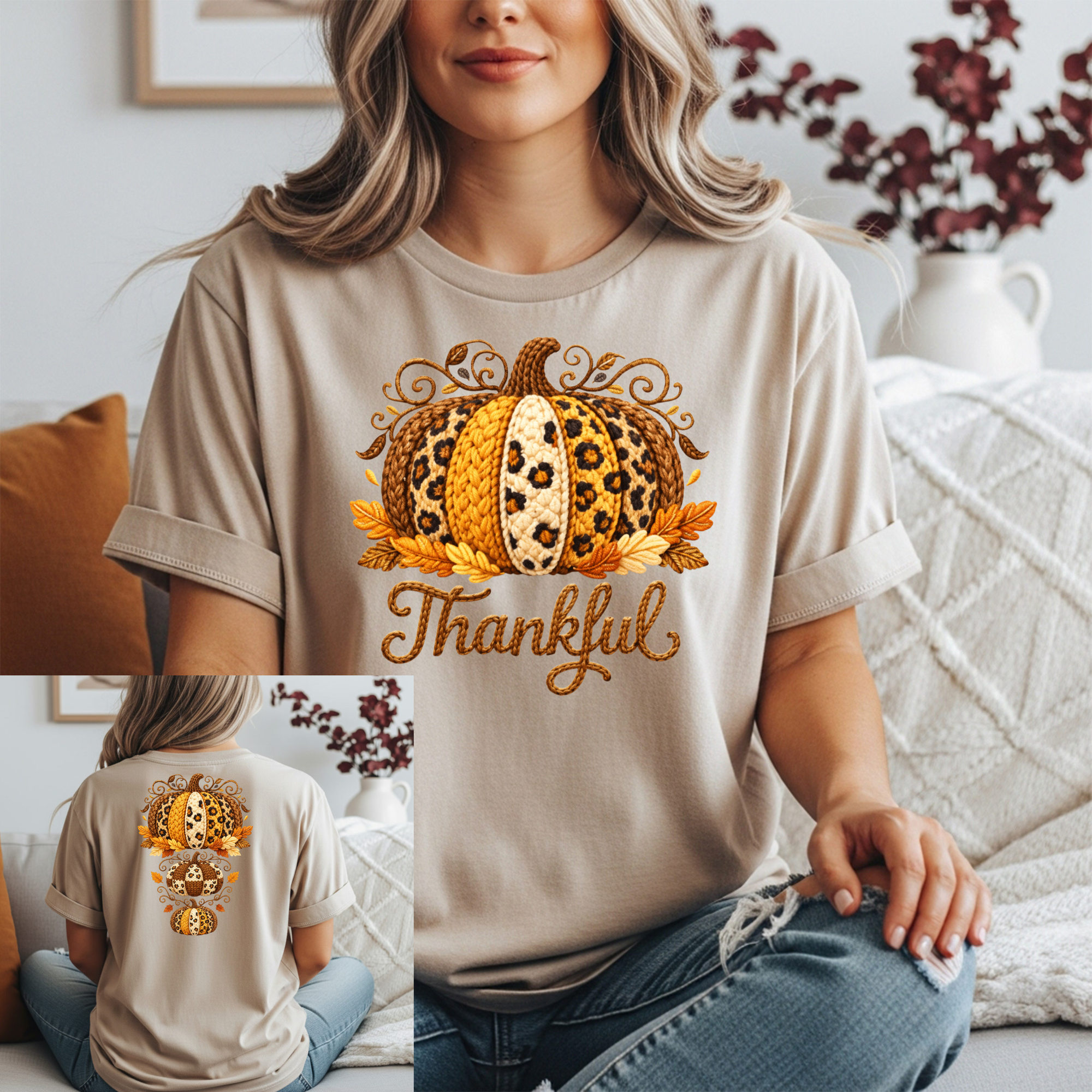 Thankful Faux Crochet Front & Back Graphic Tee