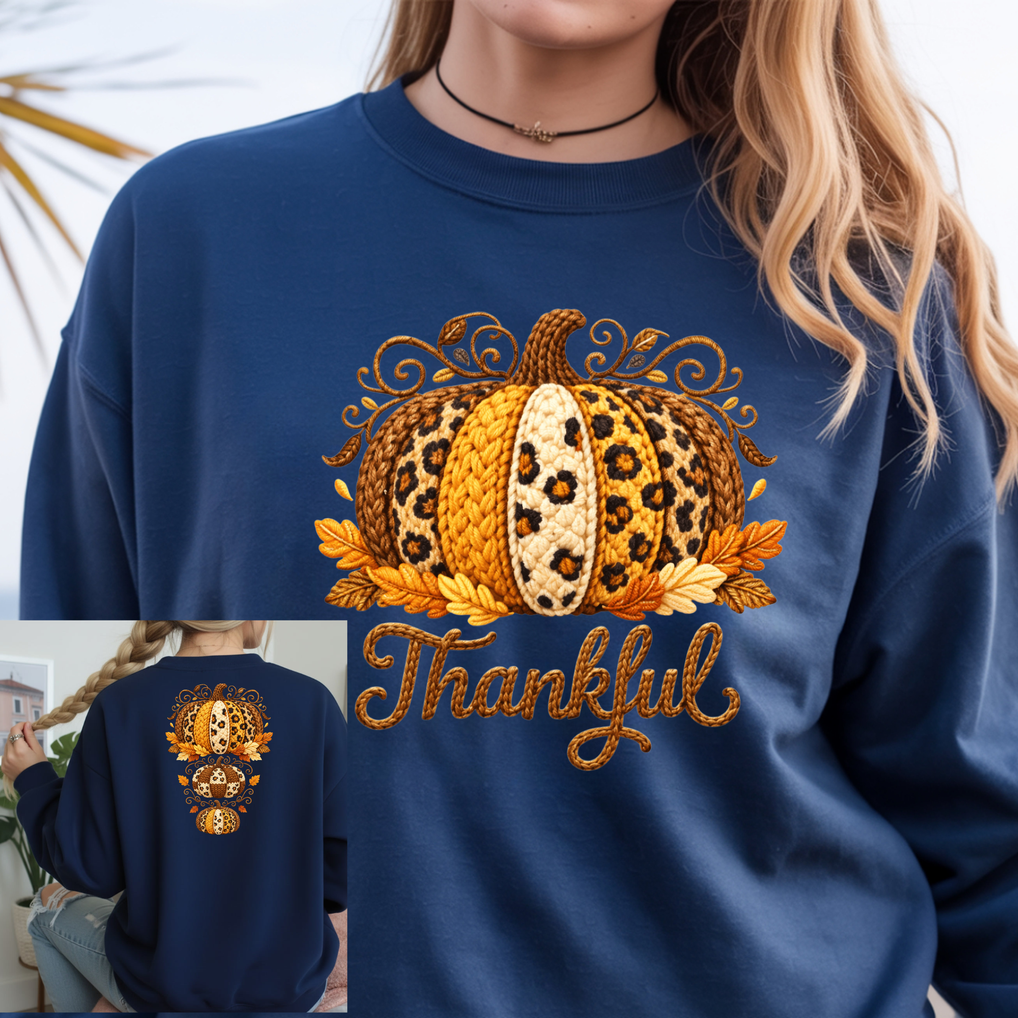 Thankful Faux Crochet Sweatshirt – Front & Back Graphics