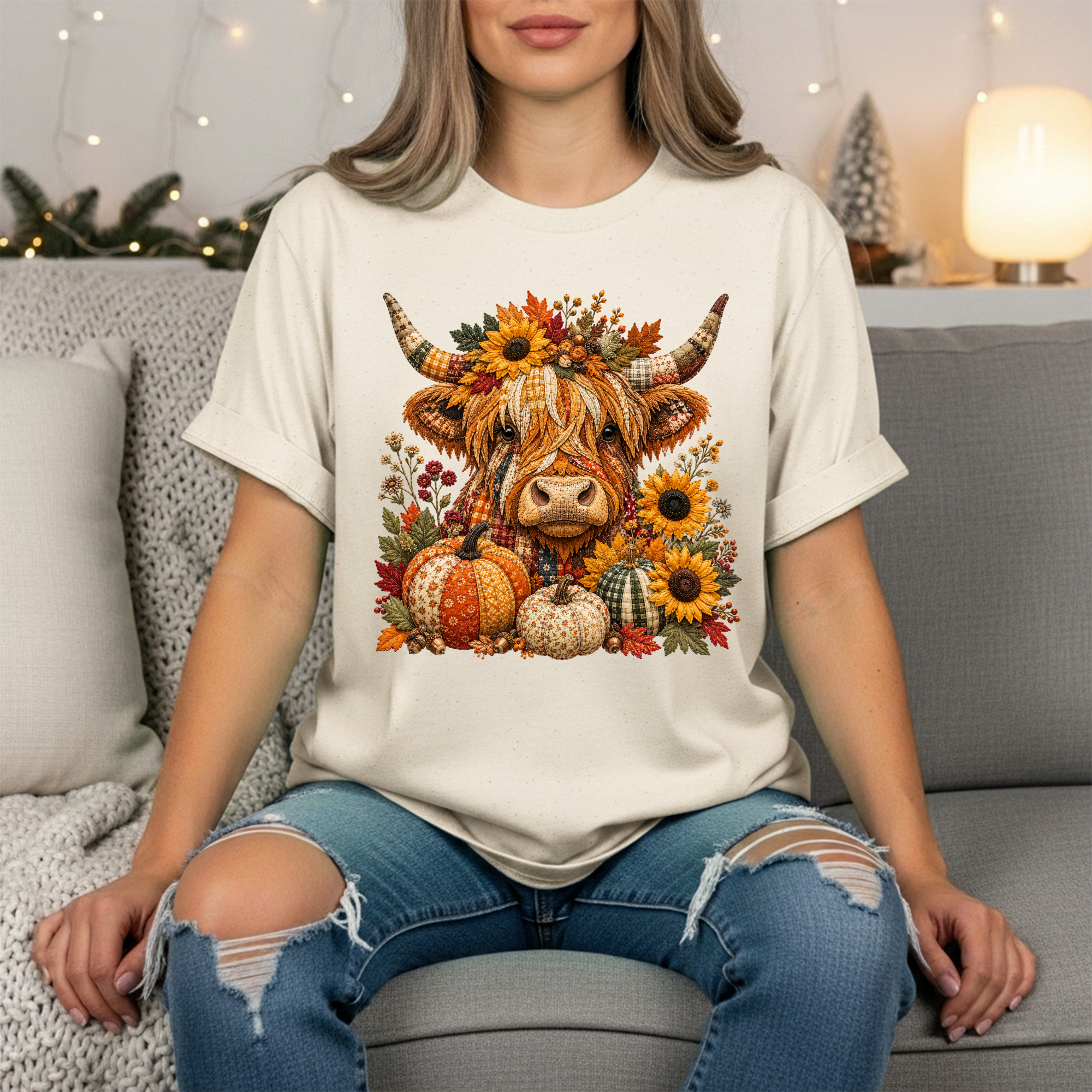 Fall Patchwork Highland Cow Tee