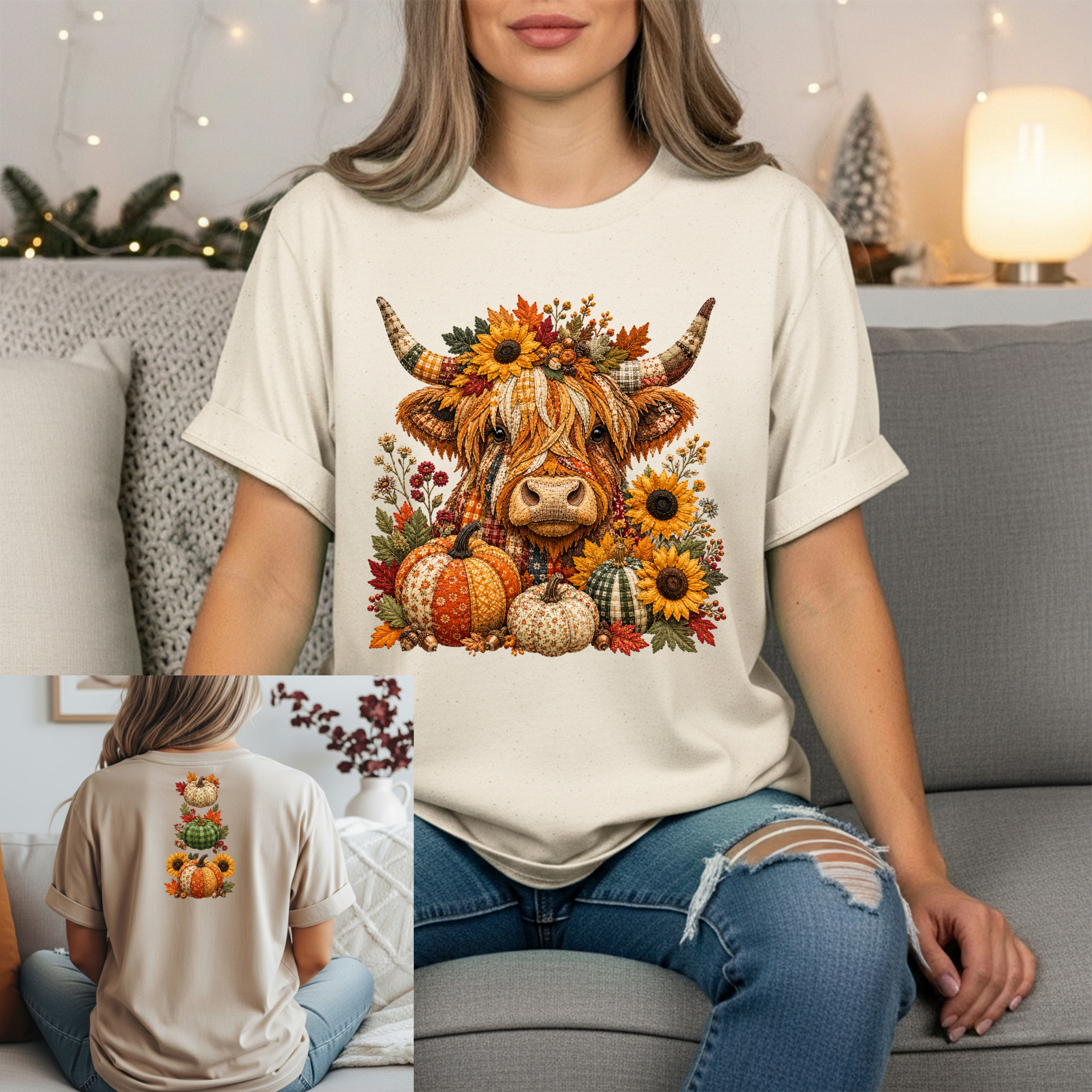 Fall Patchwork Highland Cow Tee – Front & Back Graphics