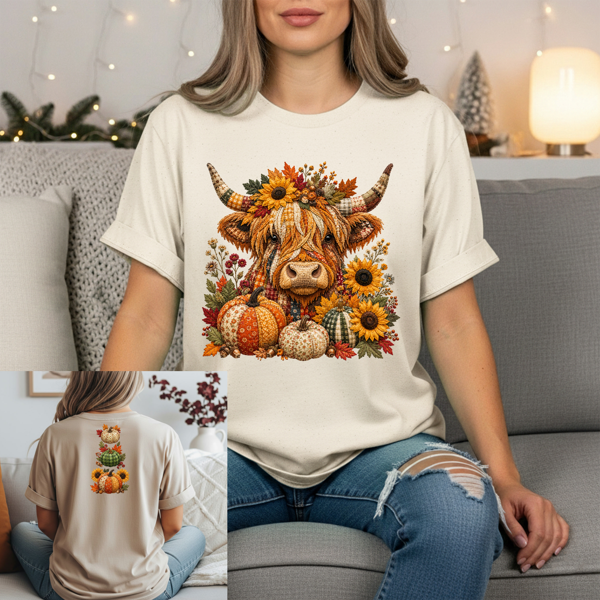 Fall Patchwork Highland Cow T -Shirt – Front & Back Graphics TheCraftNook