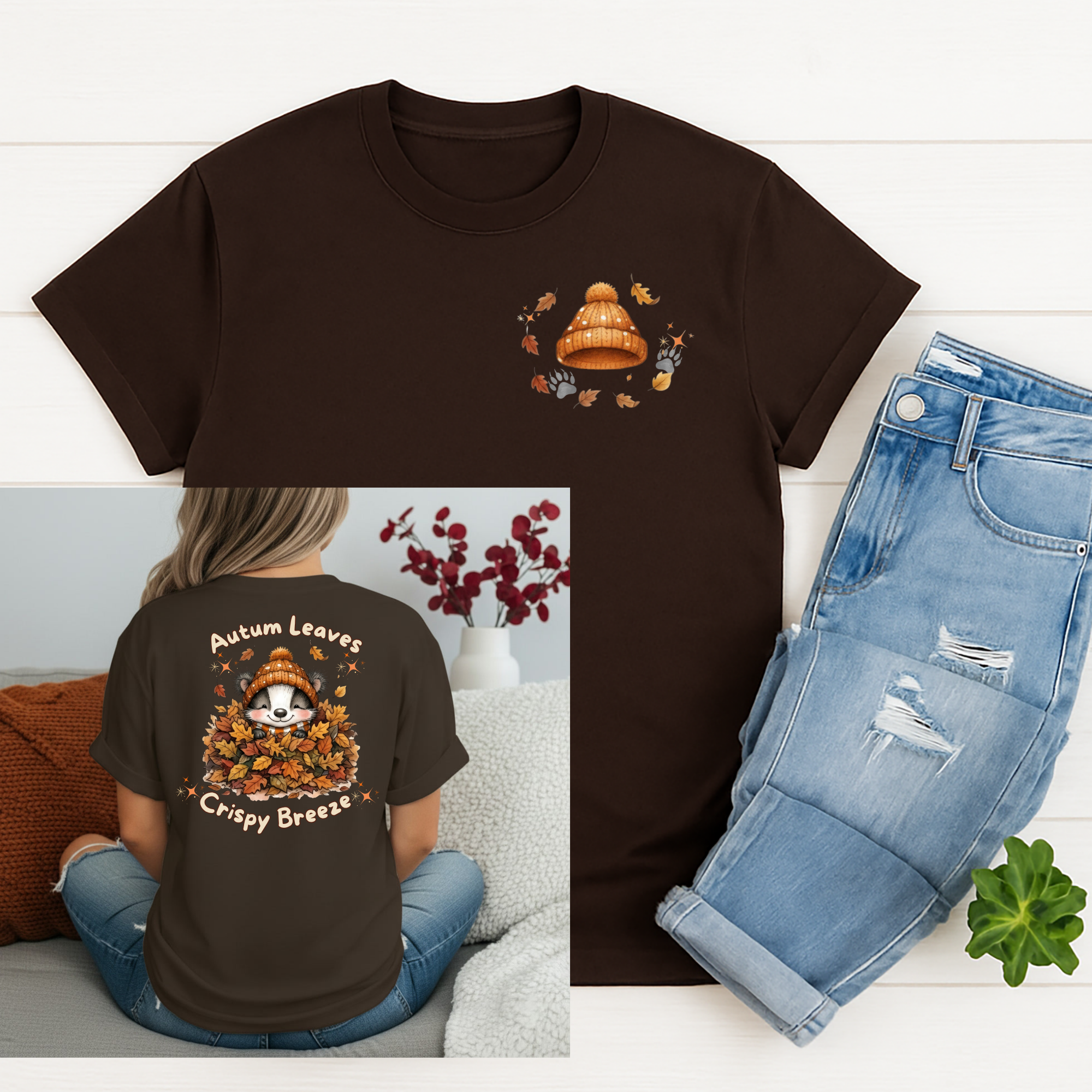 Autumn Leaves Tee featuring a chest logo and back graphic, ideal for fall fashion, autumn leaves graphic tee.