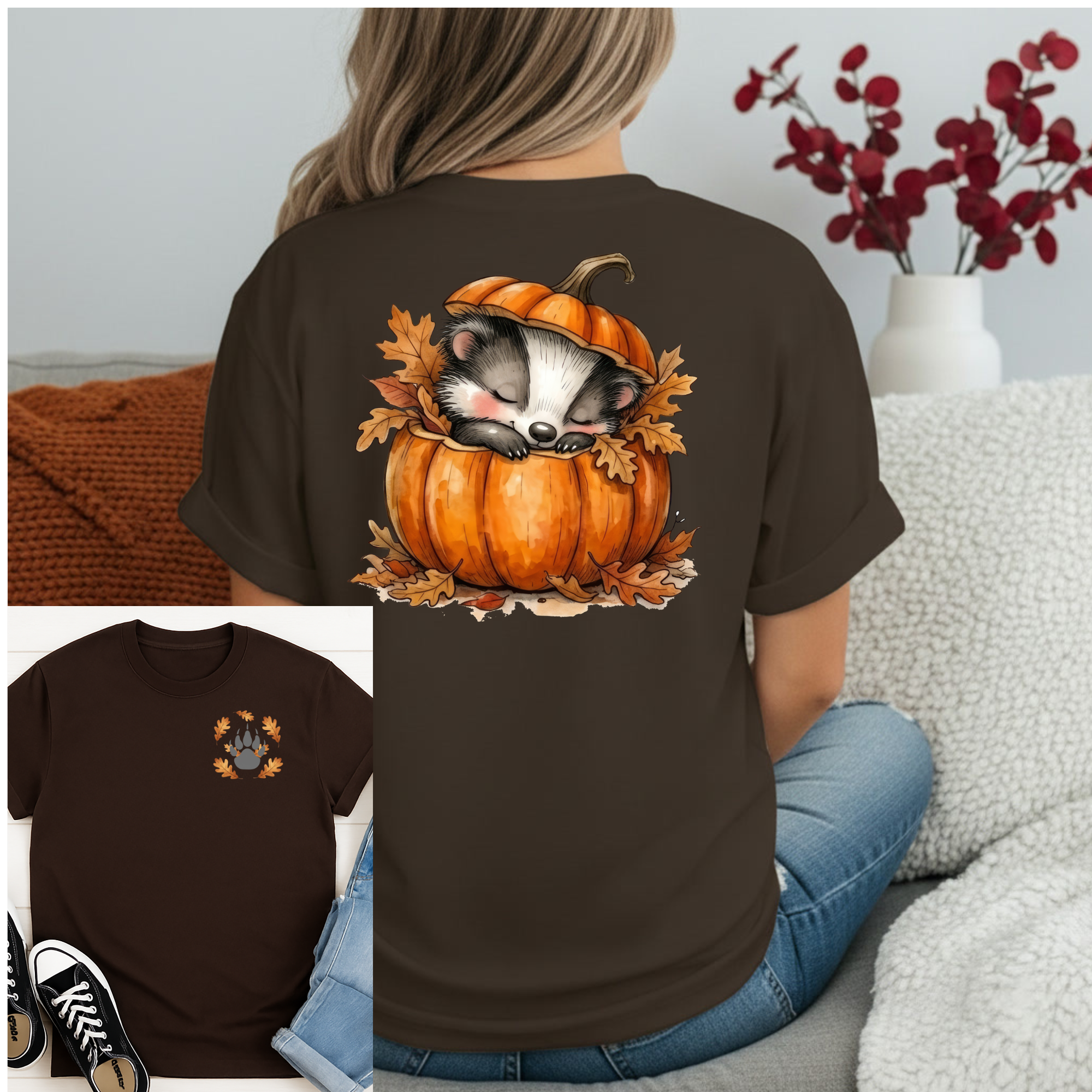Cozy pocket graphic tee featuring a badger sleeping in a pumpkin design on the back and small pocket graphic on the front.