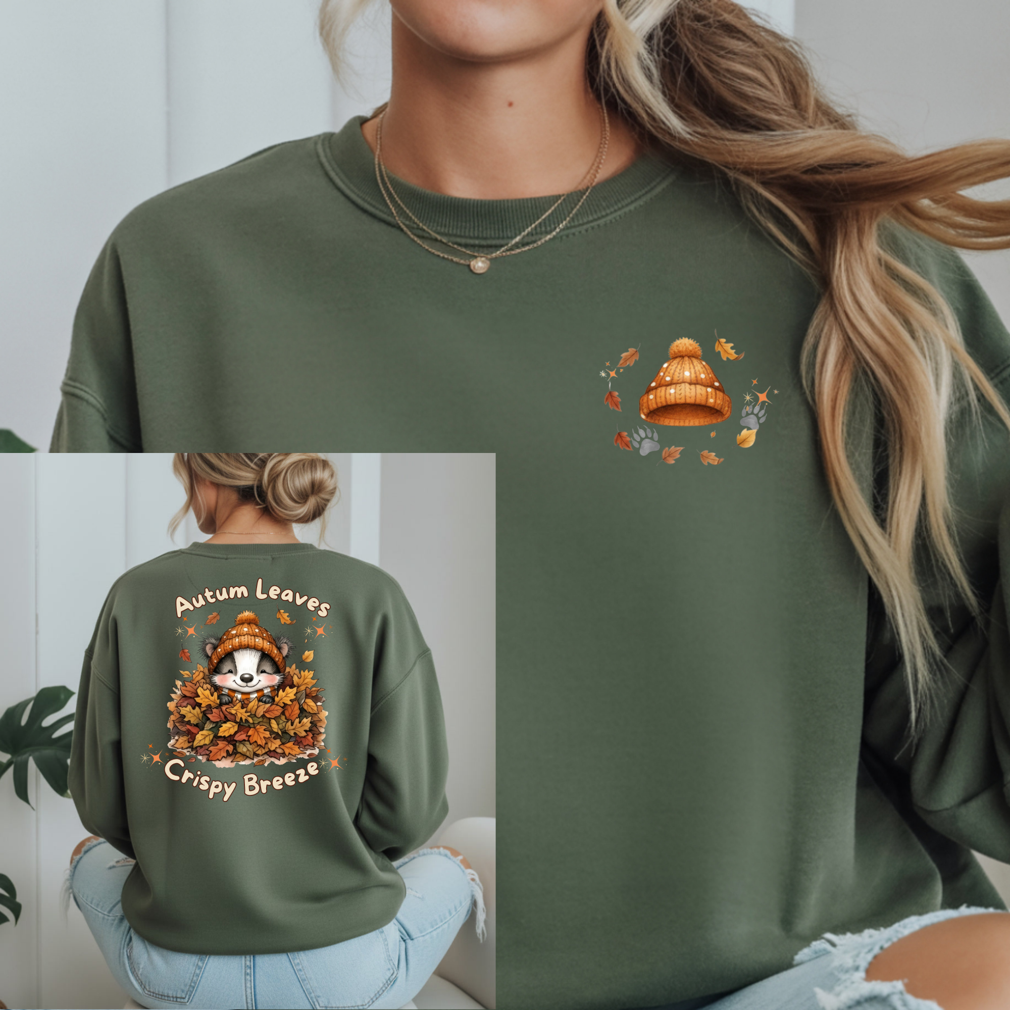 Autumn Leaves Long Sleeve Shirt featuring a pocket and full back print with a cute animal design in fall colors.