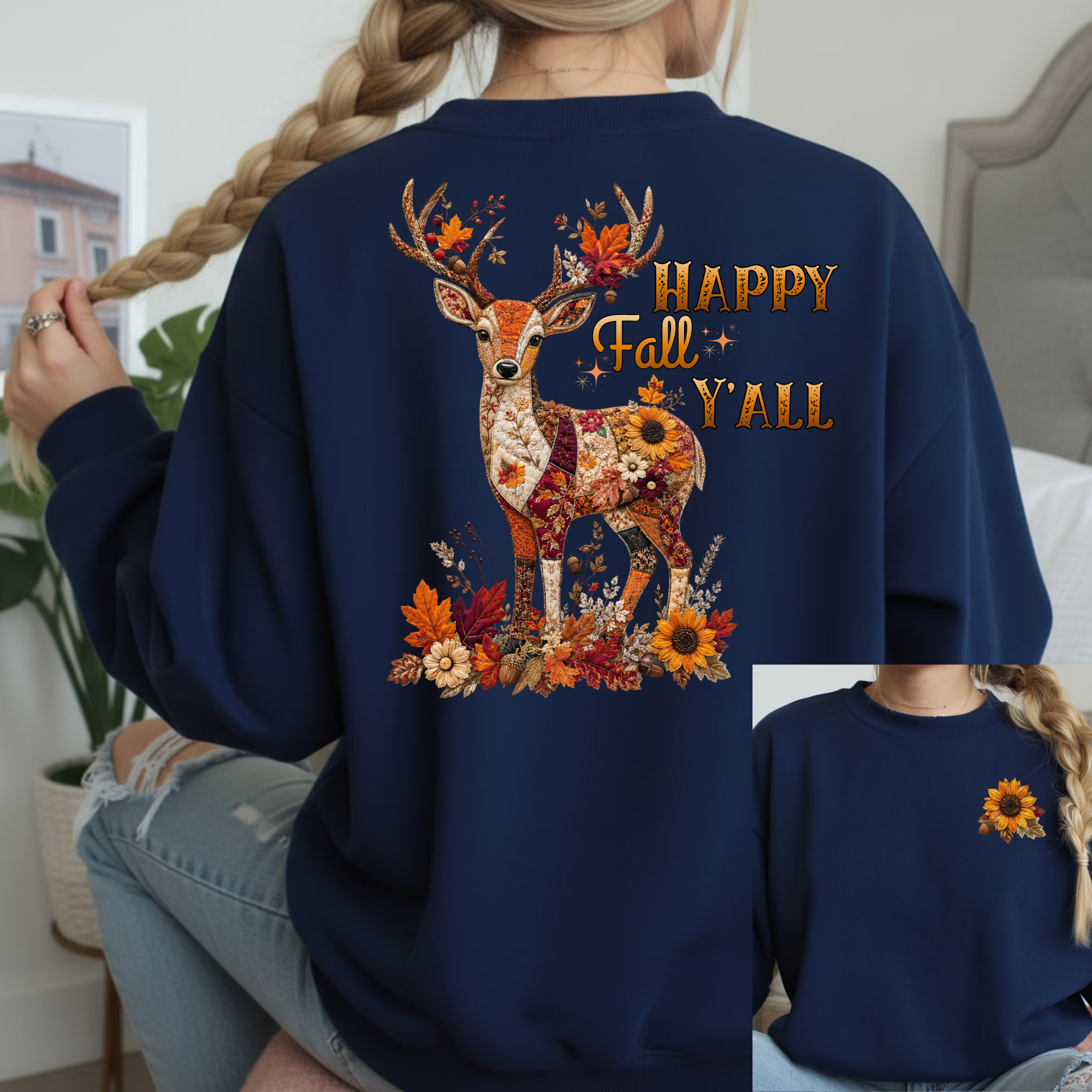 Fall deer patchwork long sleeve tee featuring a colorful deer graphic and autumn accents on the back.
