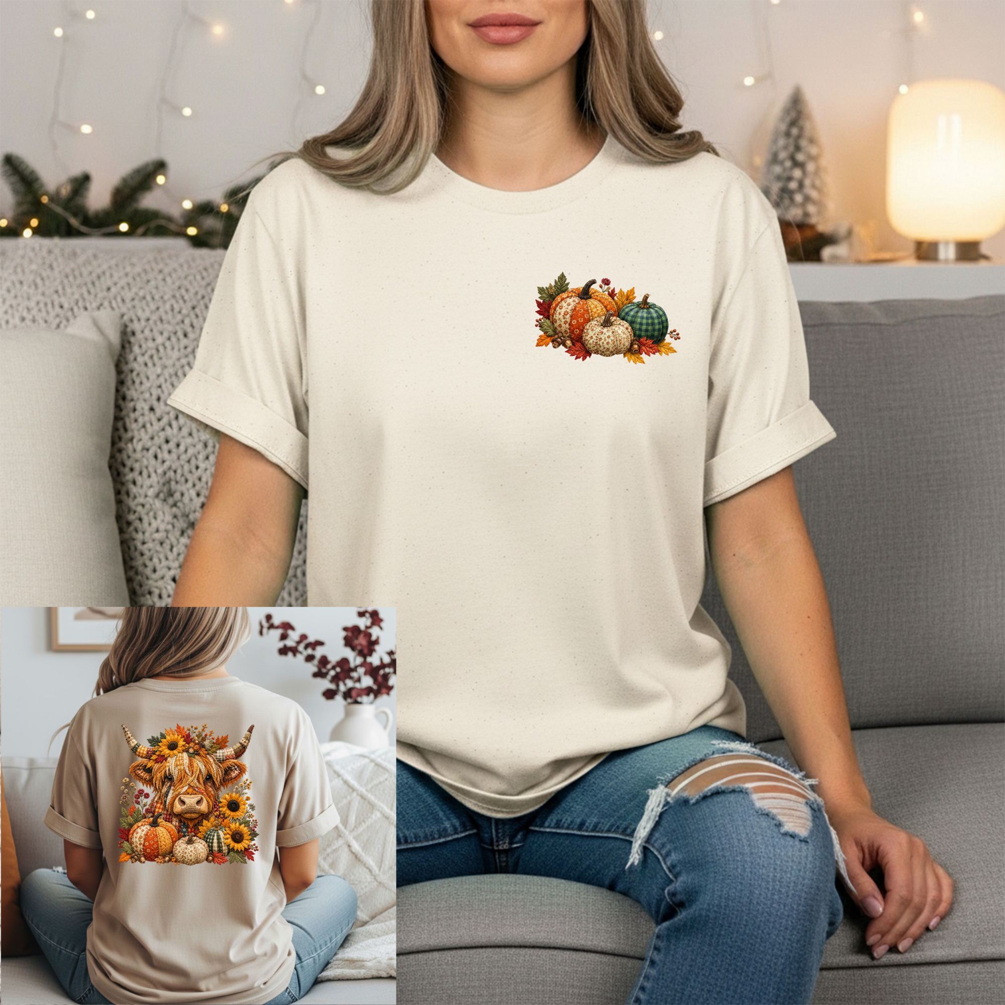 Fall Patchwork Highland Cow Tee – Pocket & Full Back Graphics