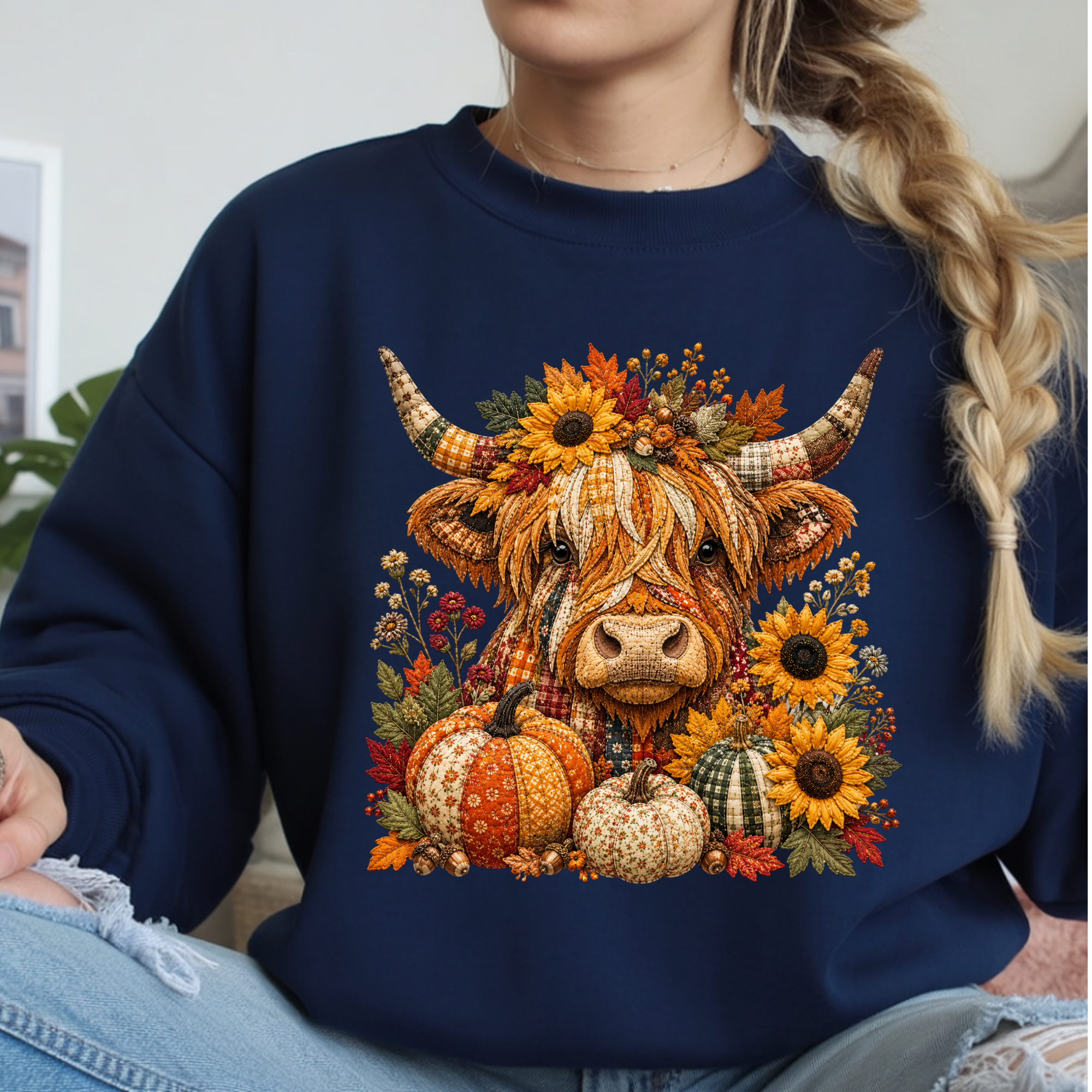 Fall Patchwork Highland Cow Sweatshirt