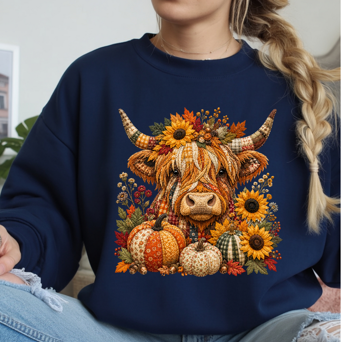 Fall Patchwork Highland Cow Sweatshirt TheCraftNook