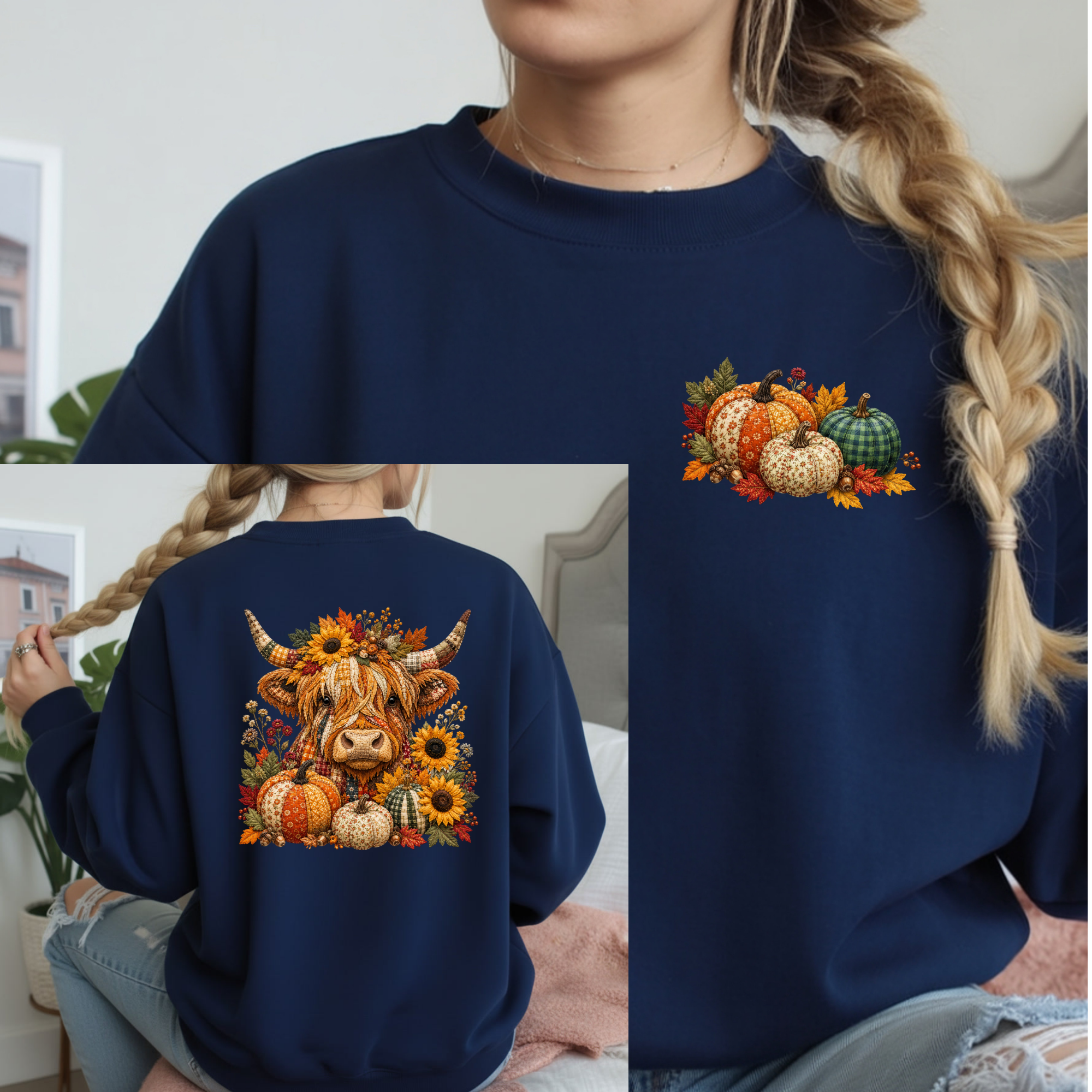 Fall Patchwork Highland Cow Sweatshirt – Pocket & Full Back Design