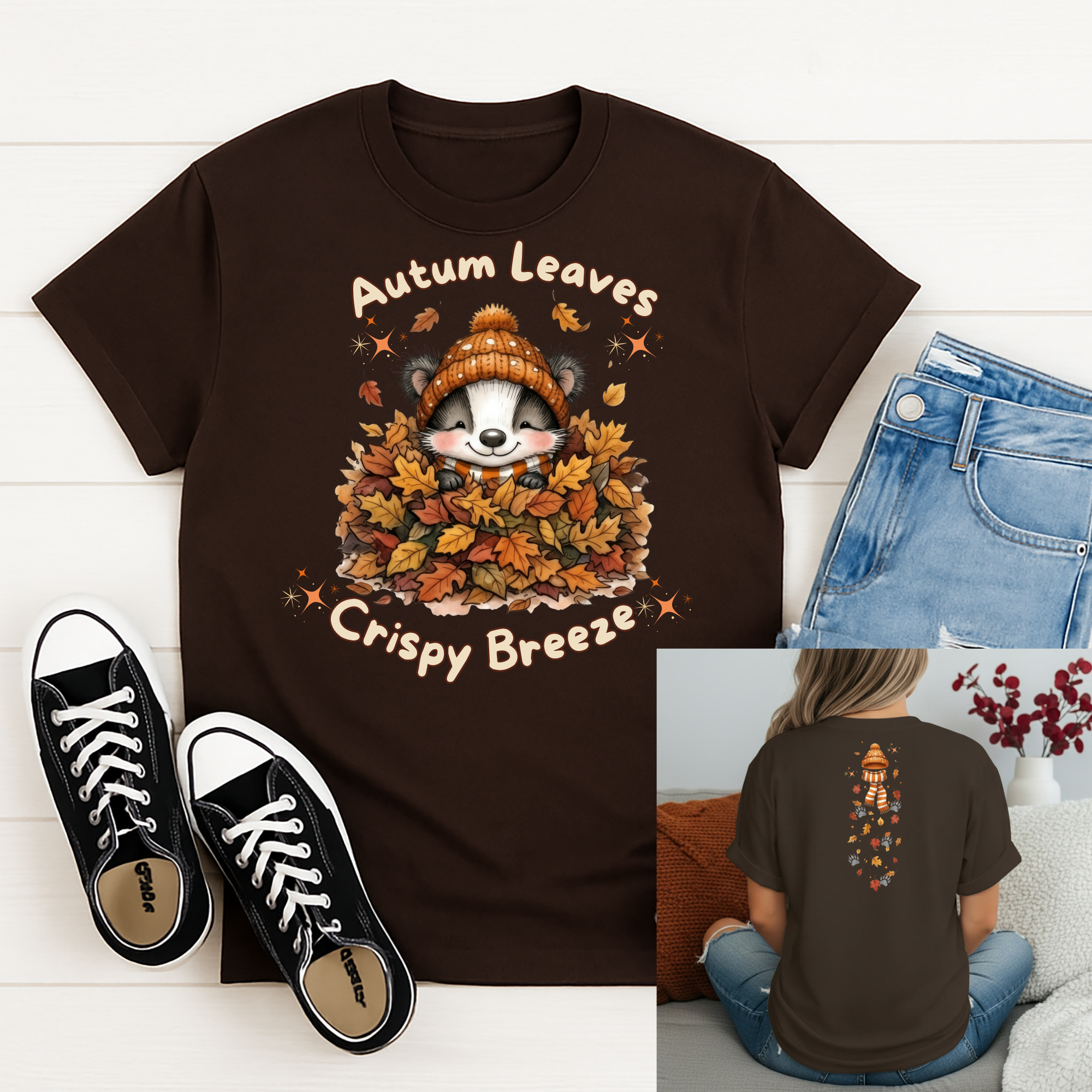 Autumn graphic tee featuring cute raccoon in leaves design, perfect for the fall season, front and back prints.