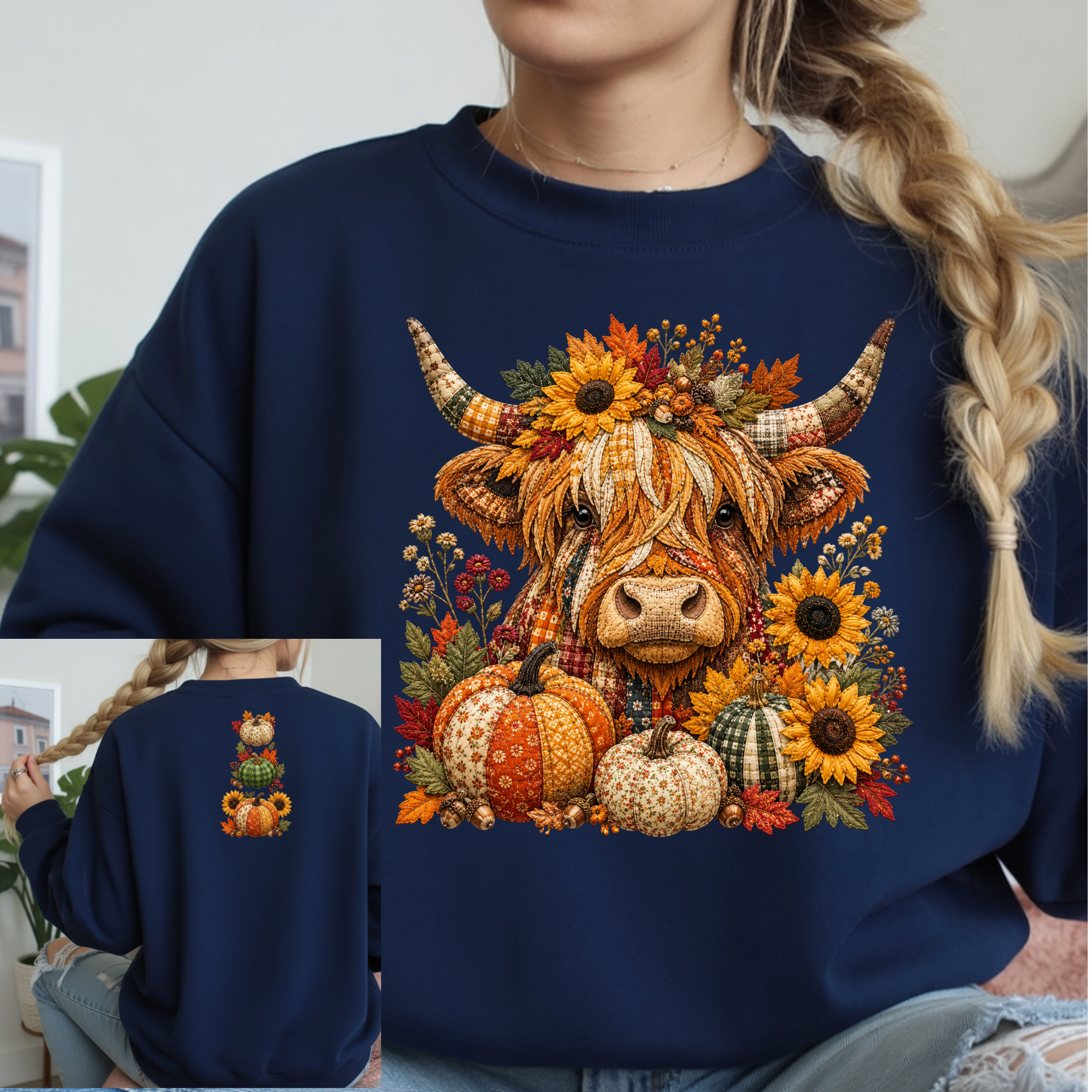 Fall Patchwork Highland Cow Sweatshirt Front & Back Graphics