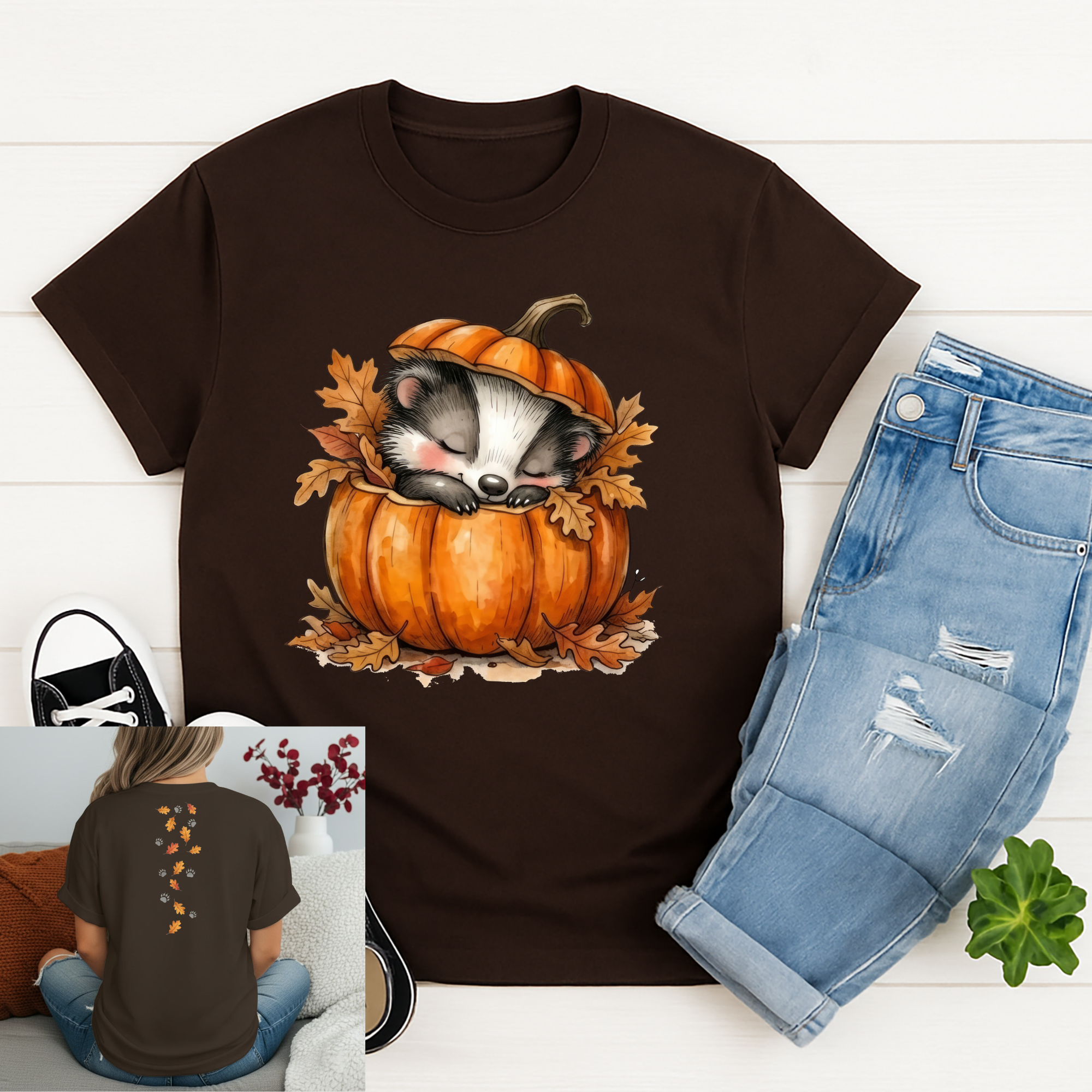 Cozy Badger graphic tee featuring a cute badger in a pumpkin on the front and detailed designs on the back.