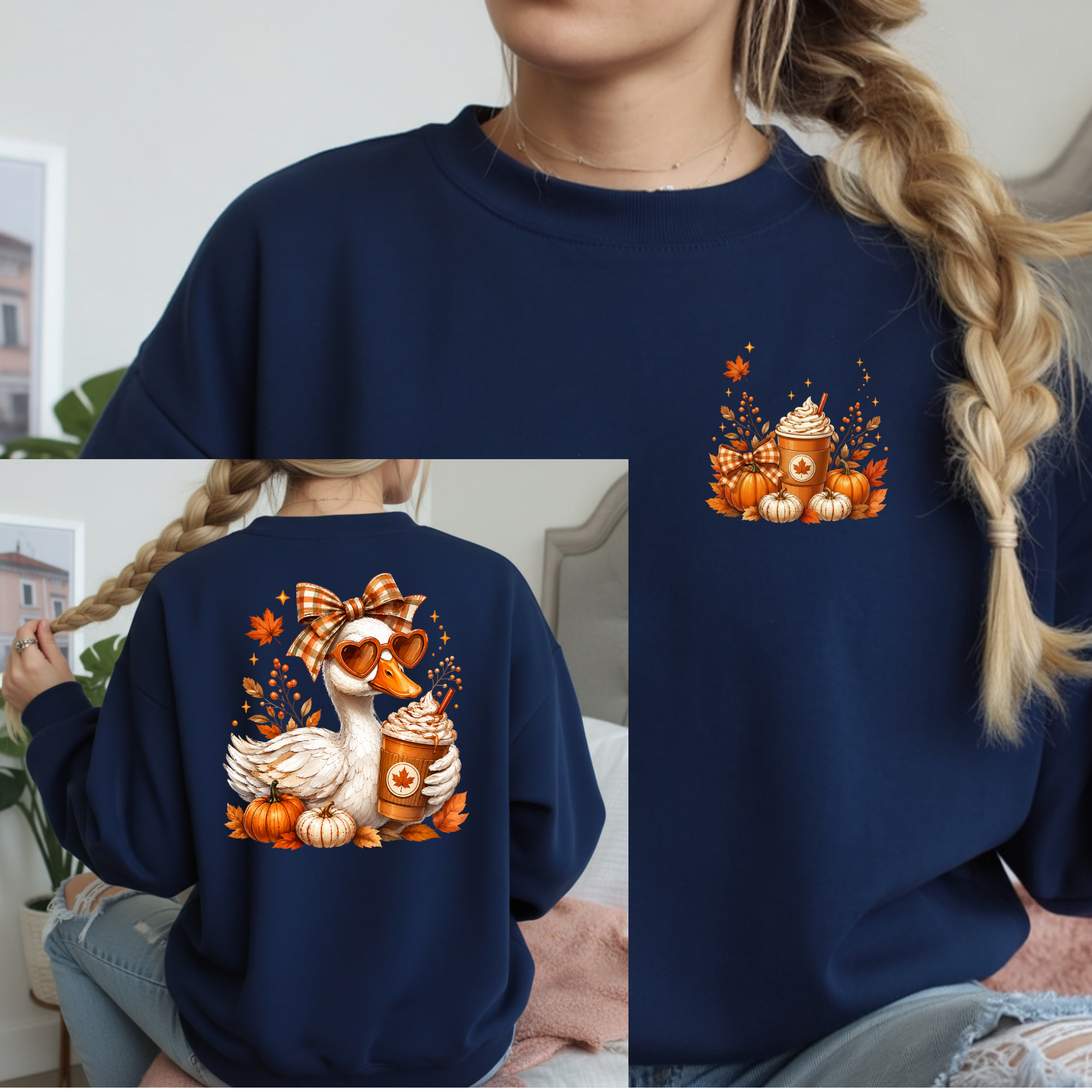 Fall Duck Long Sleeve Tee Pocket and Full Back Graphics