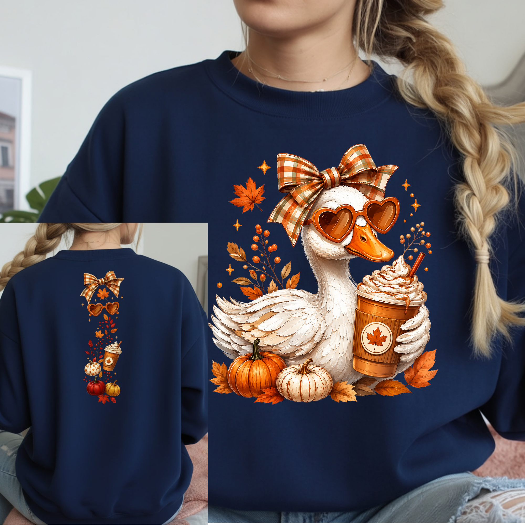 Fall Duck Long Sleeve Tee Front and Back Graphics