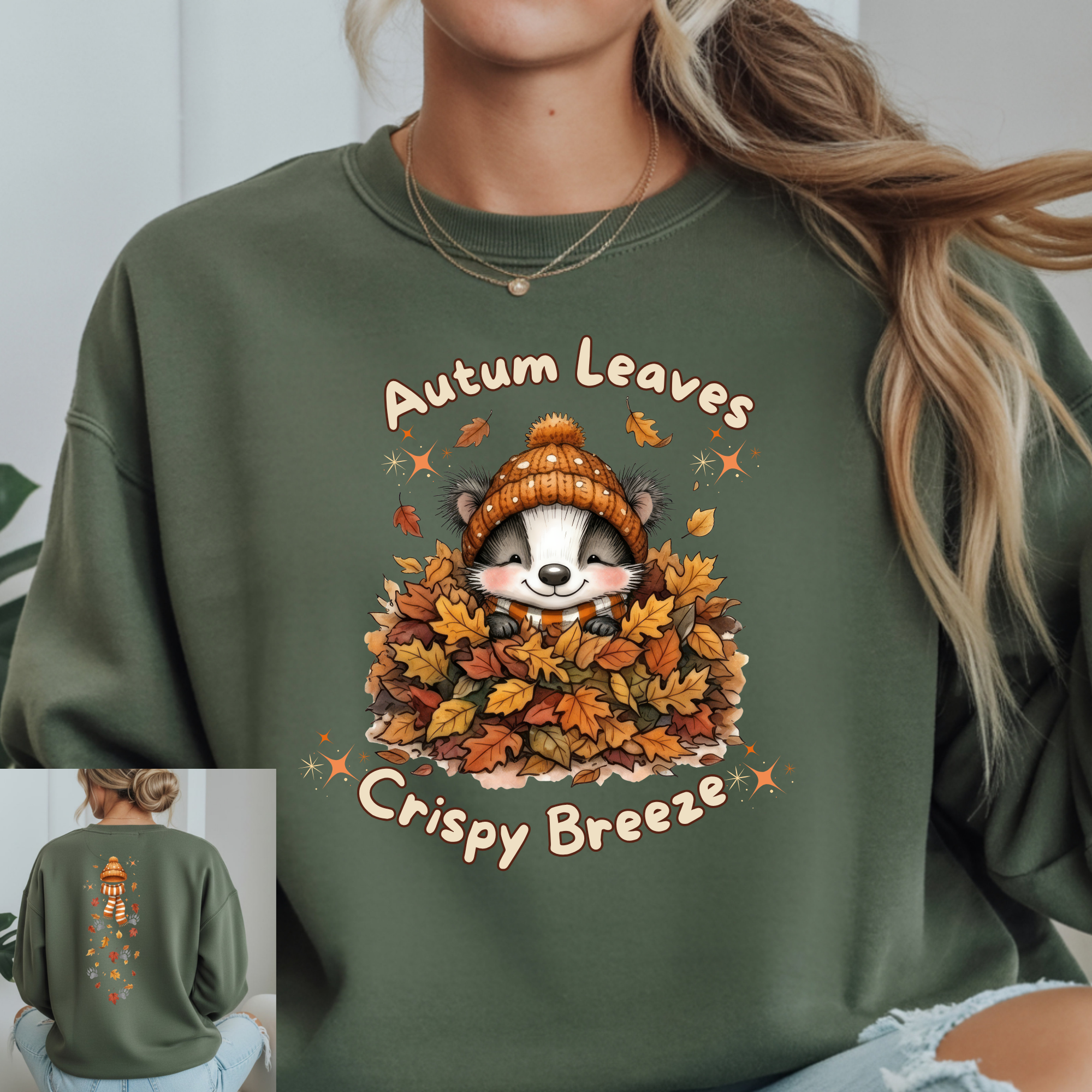 Autumn Leaves Long Sleeve Tee featuring cute raccoon graphic in leaves, perfect for fall fashion.