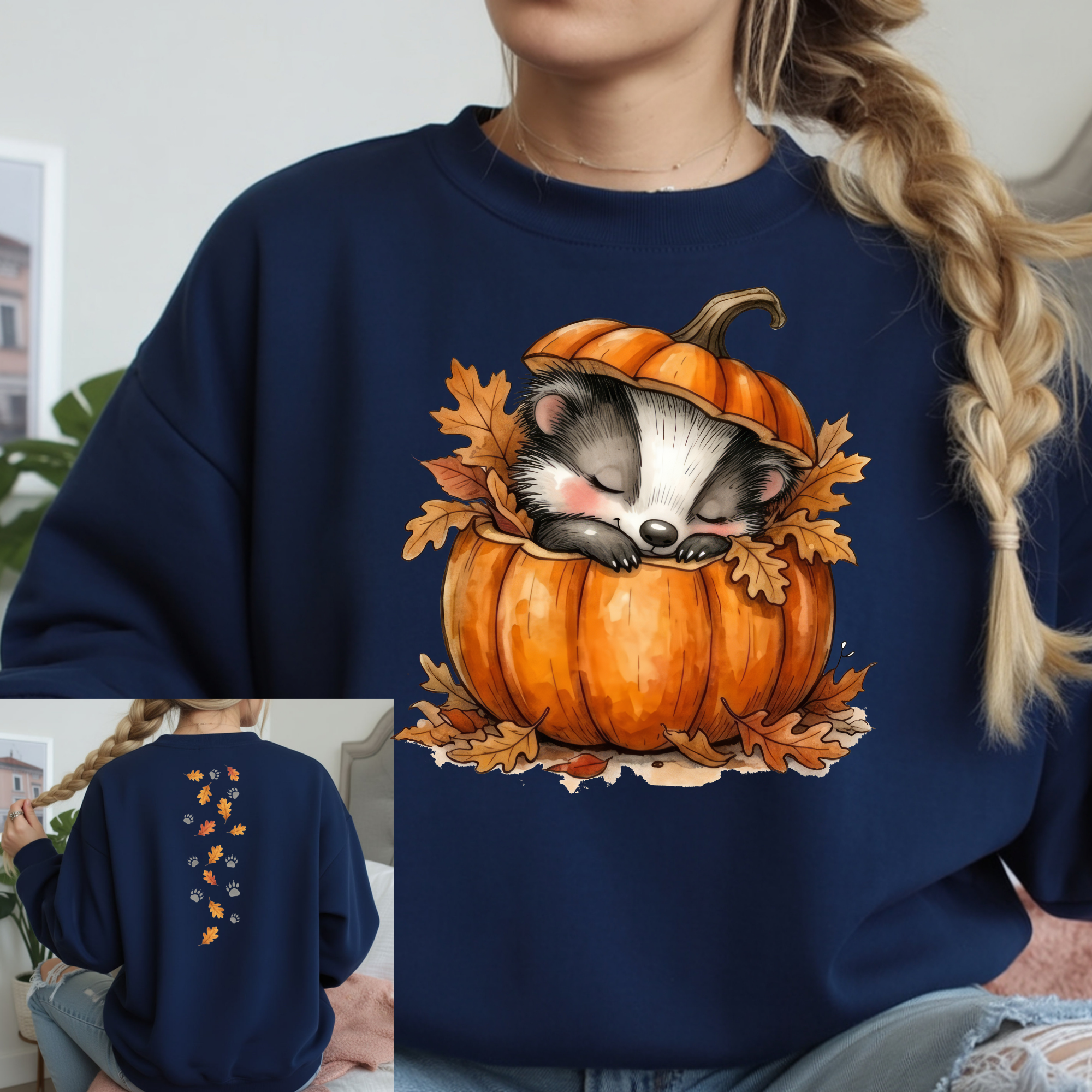 Cozy Badger Sweatshirt – Front & Back Graphic (Forest Edition) featuring unique badger design on navy fleece.