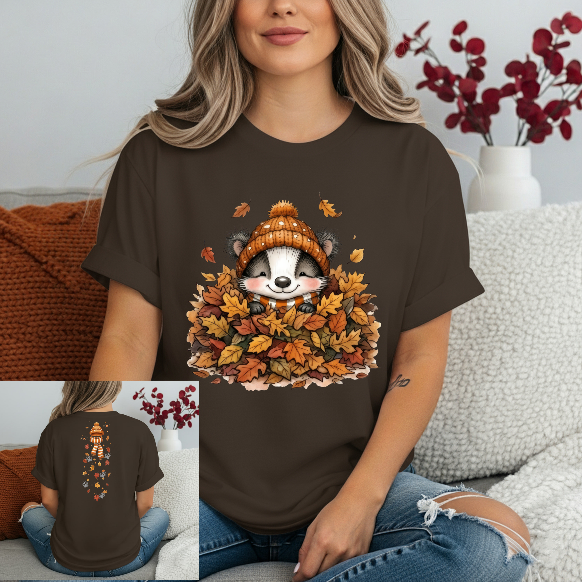 Leaf Pile Badger Tee – Front & Back Graphic featuring playful badger art, perfect for fall graphic badger tee lovers.
