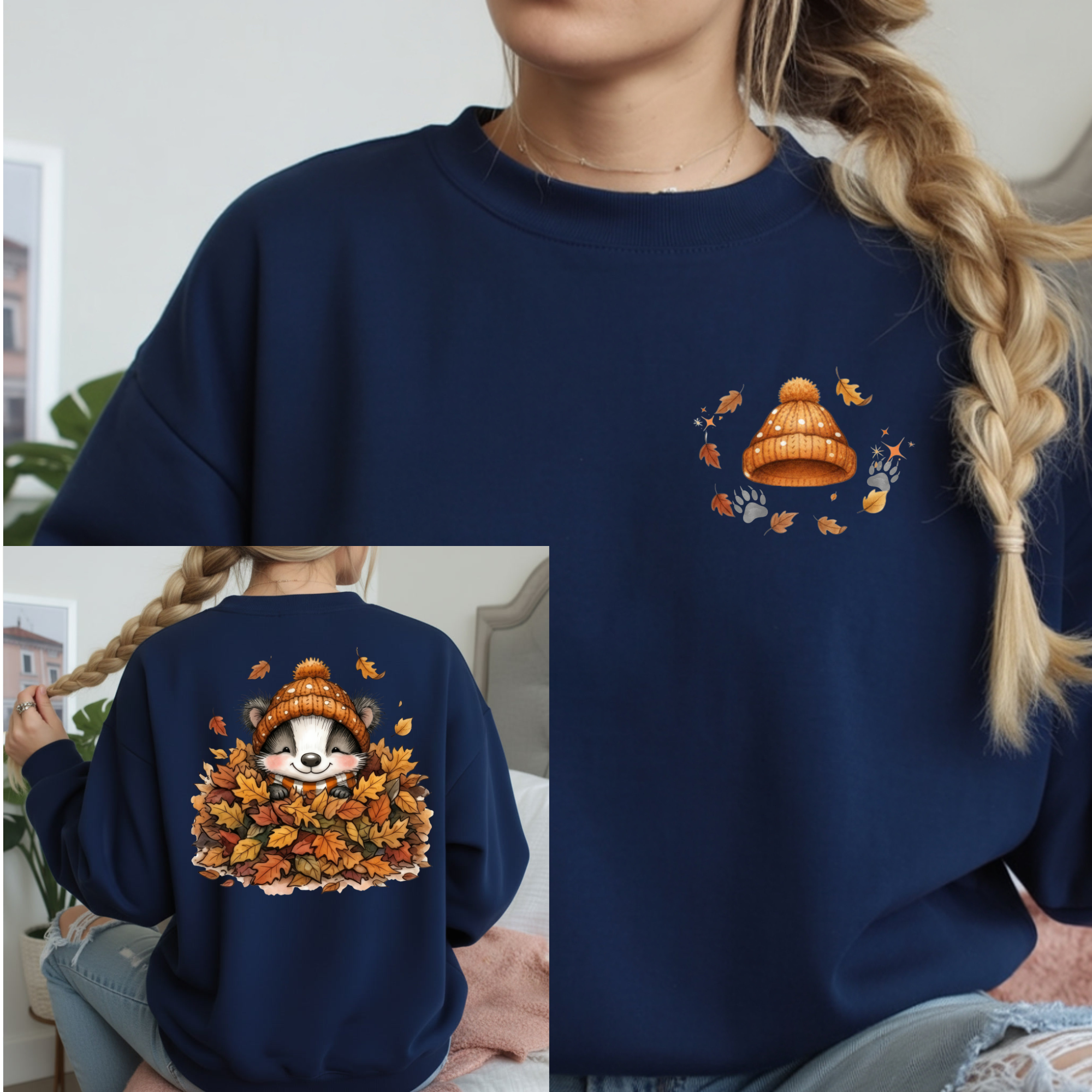 Leaf Pile Badger Sweatshirt featuring chest pocket logo and full back graphic with autumn leaves.