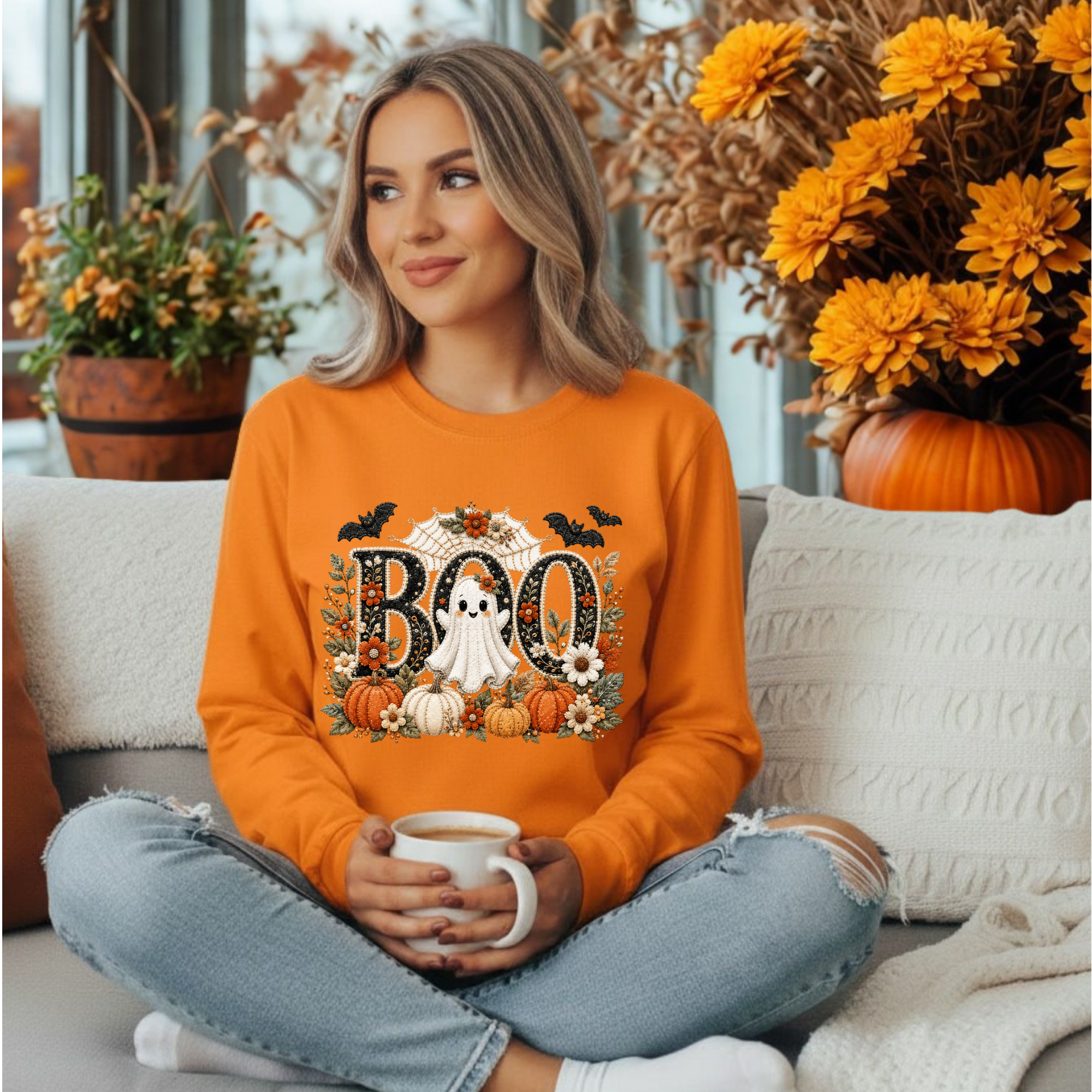 Cute Boo Long Sleeve Tee – Halloween Ghost Graphic Shirt