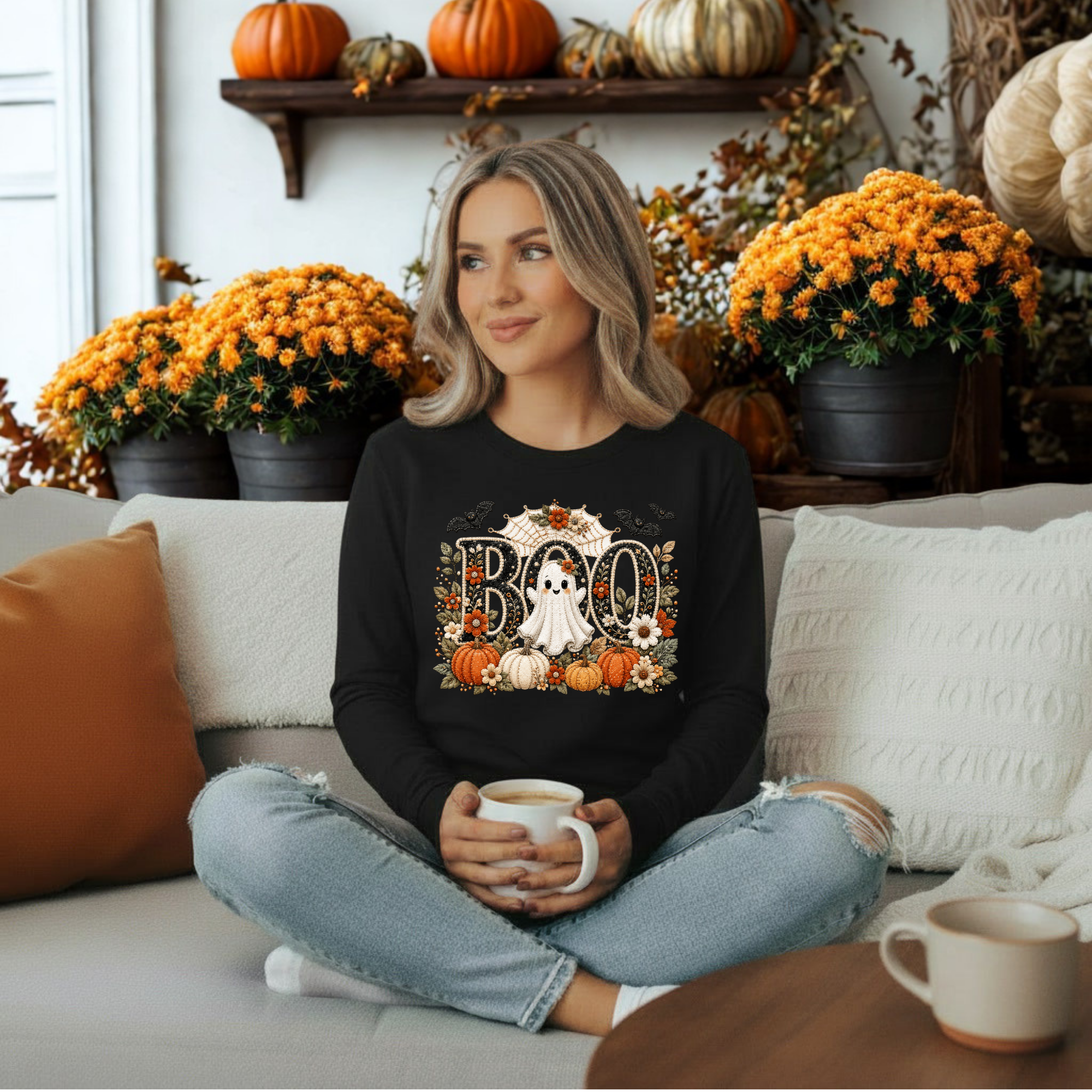 Cute Boo Long Sleeve Tee – Halloween Ghost Graphic Shirt