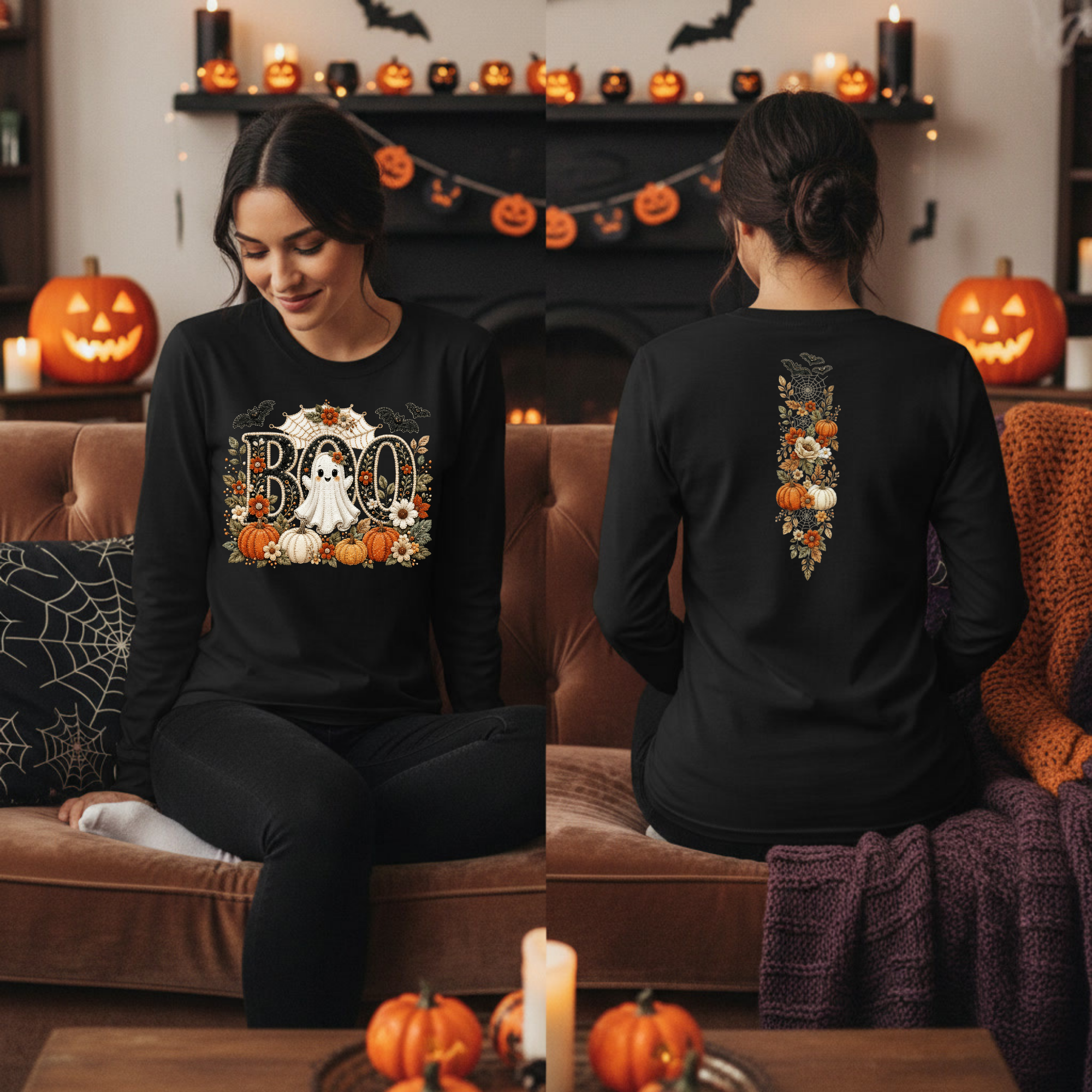 Cute Boo Long Sleeve Tee – Halloween Ghost Shirt with Front & Back Graphics