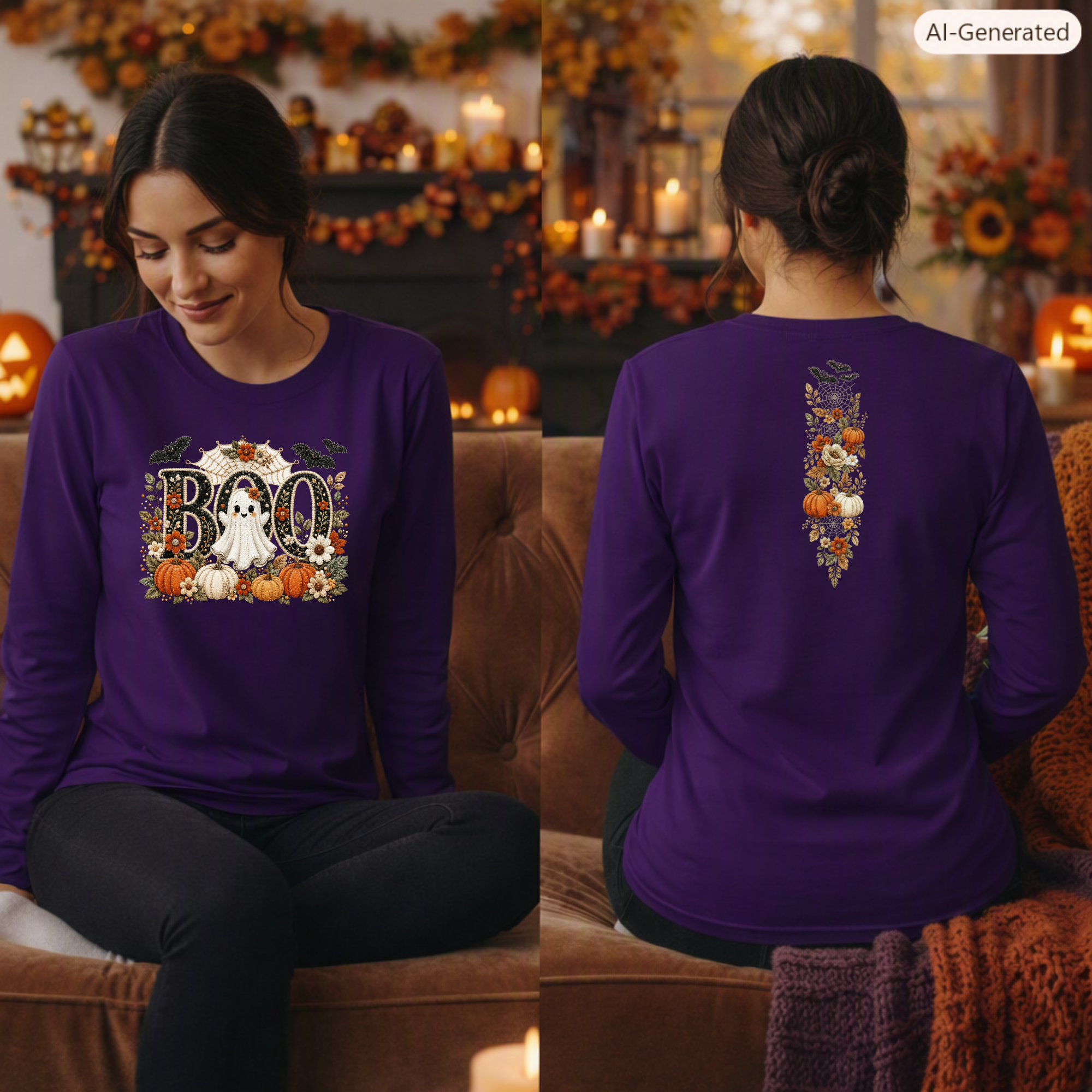 Cute Boo Long Sleeve Tee – Halloween Ghost Shirt with Front & Back Graphics