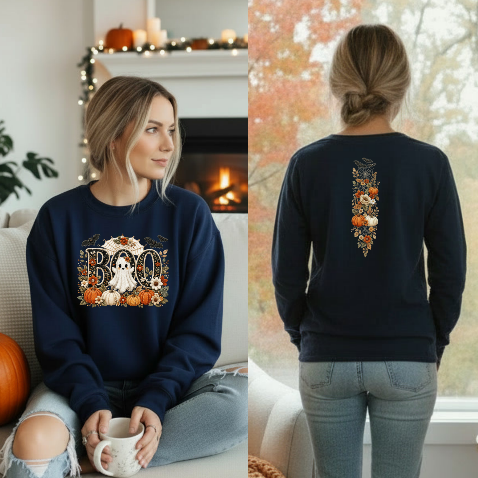 Cute Boo Long Sleeve Tee – Halloween Ghost Shirt with Front & Back Graphics
