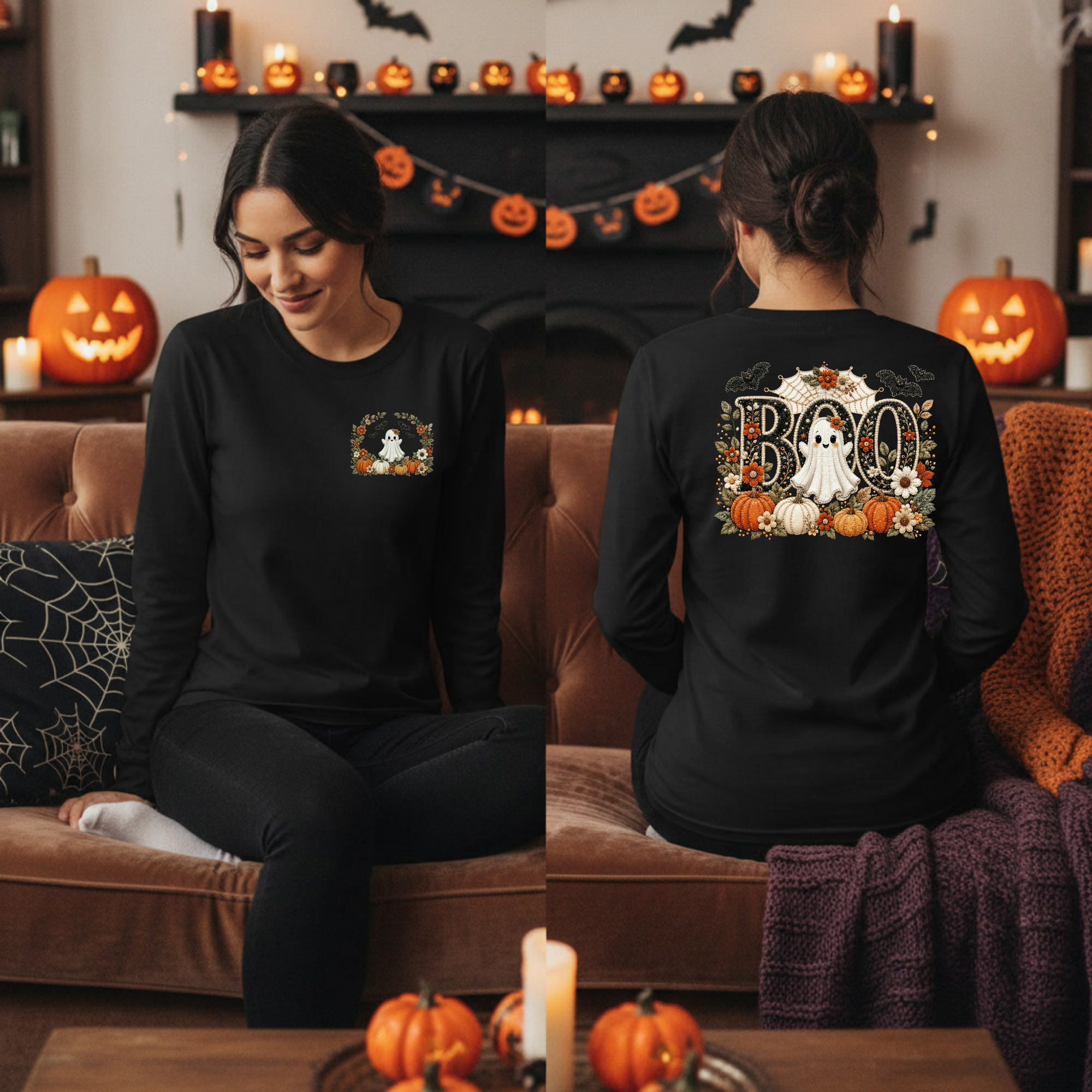 Cute Boo Long Sleeve Tee – Halloween Ghost Shirt with Pocket & Back Graphics