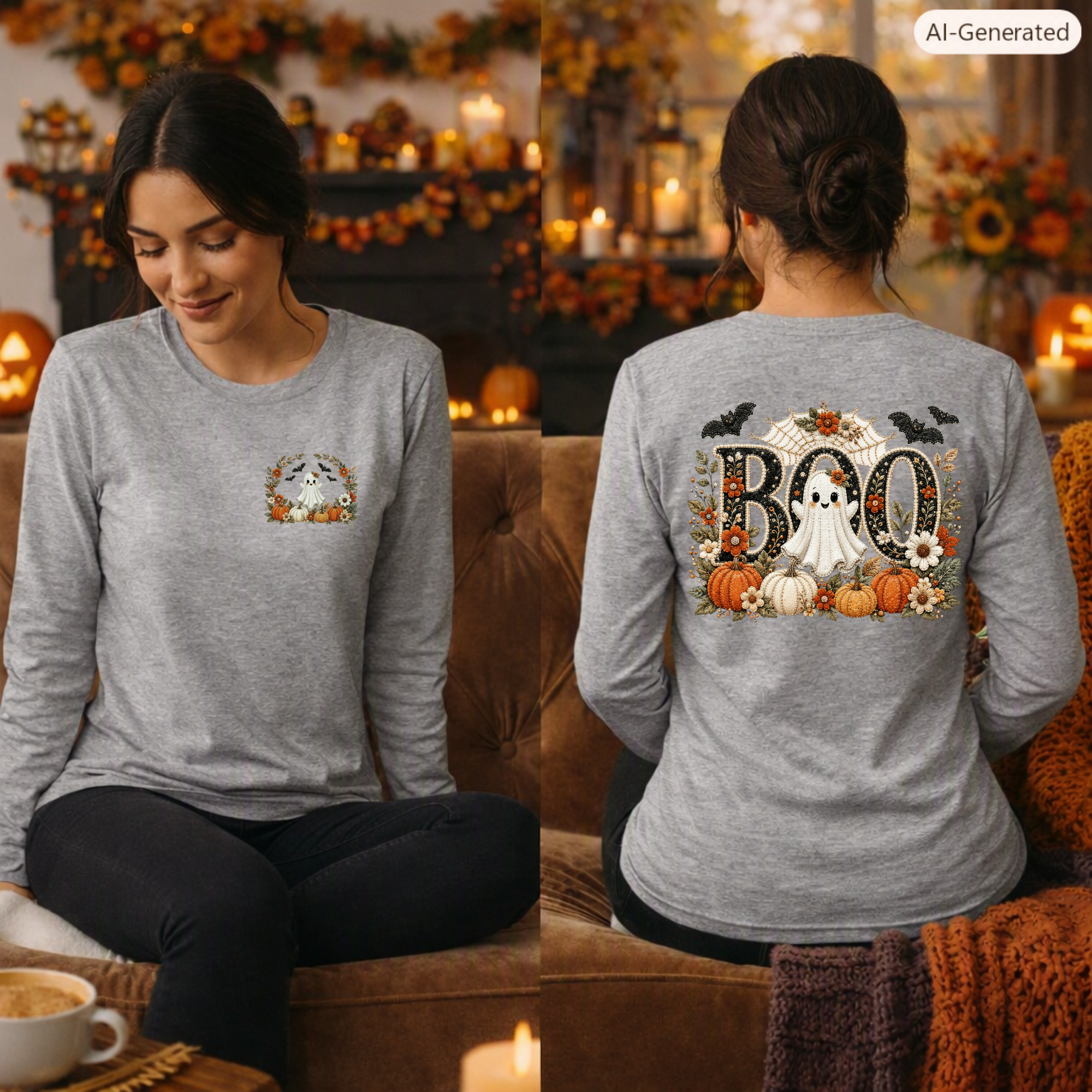 Cute Boo Long Sleeve Tee – Halloween Ghost Shirt with Pocket & Back Graphics